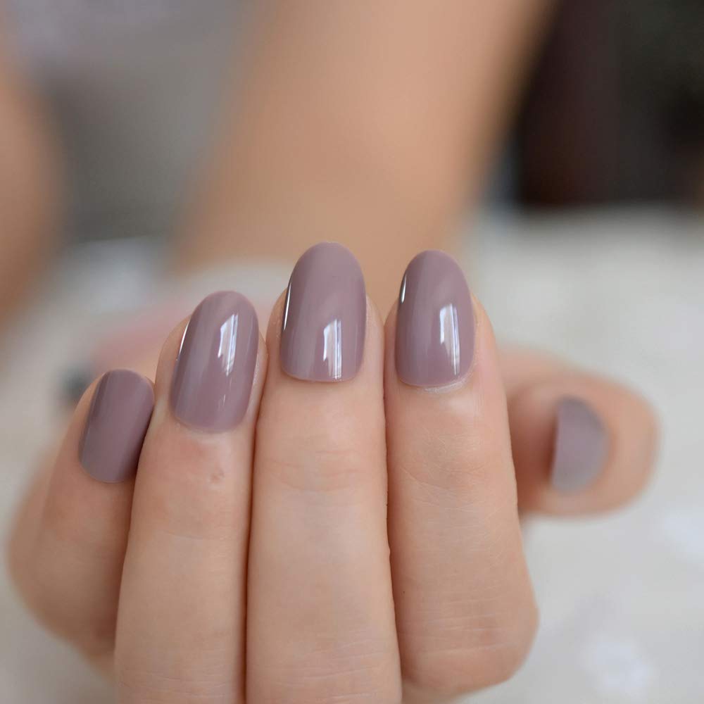 Glossy Light Purple Grey Press on False Nails - Medium Length Oval Fake Nails for Women | Perfect for Office Wear, Daily Use & Special Occasions
