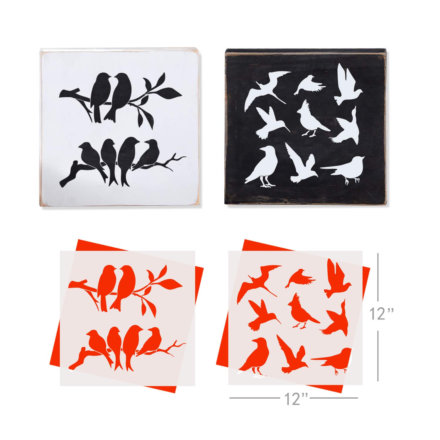 GSS Designs Birds Tree Branches Stencils (2 Pack) - 12x12 Inch Reusable Mylar Stencil for Painting on Wood, Furniture, Walls, Pillows, Scrapbooks & Cards - Hummingbird & Floral Design - Perfect for DIY Home Decor, Craft Projects & Wall Art