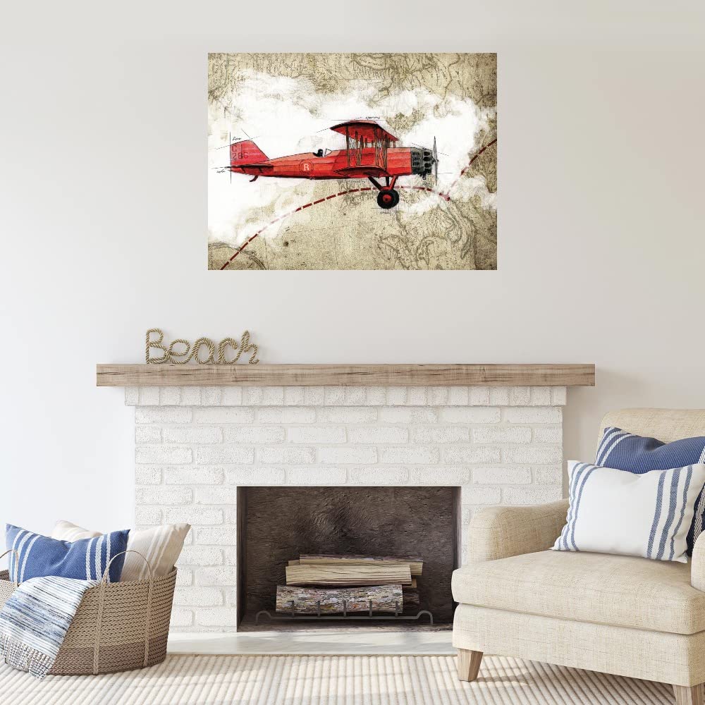Biplane Aviation Art Canvas Wall Decor - 3-Panel Ready to Hang Painting for Living Room, Bedroom & Office - 32x24 Inches - Perfect for Home, Bar & Dining Room Decor