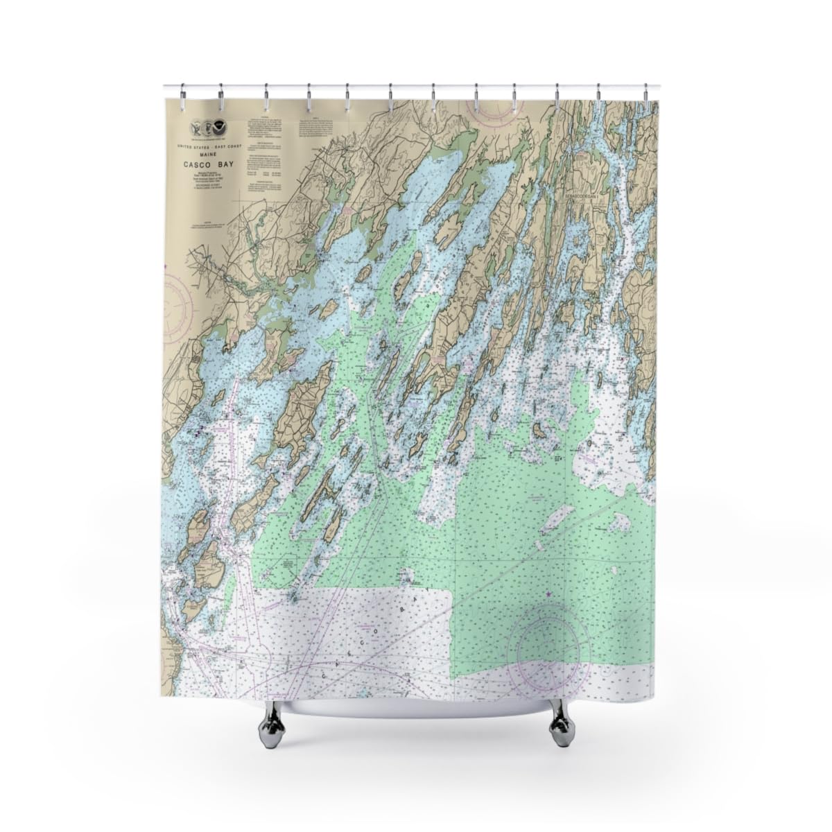 Nautical Chart Shower Curtain - Casco Bay Waterproof Bathroom Decor, 71