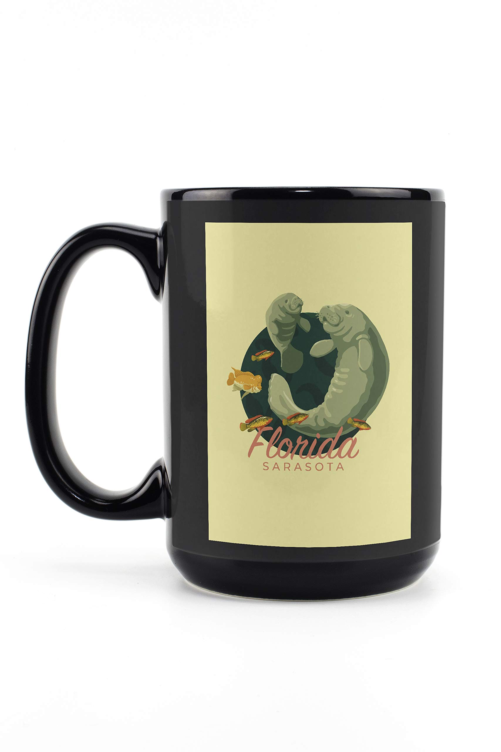 Florida Sarasota Manatee and Calf Swimming Design 15oz Black Ceramic Coffee Mug - Microwave & Dishwasher Safe - Perfect for Home, Office or Gift