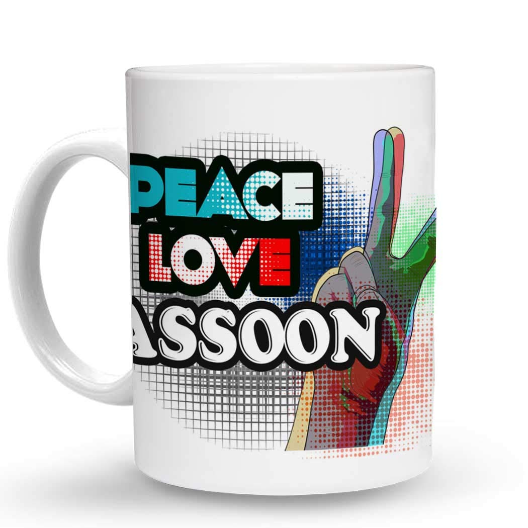 Makoroni - PEACE LOVE BASSOON Music - 11 Oz. Unique Ceramic Coffee Mug for Musicians, Teachers & Music Lovers - Perfect Gift for Bassoon Players, Coffee Break & Office Use