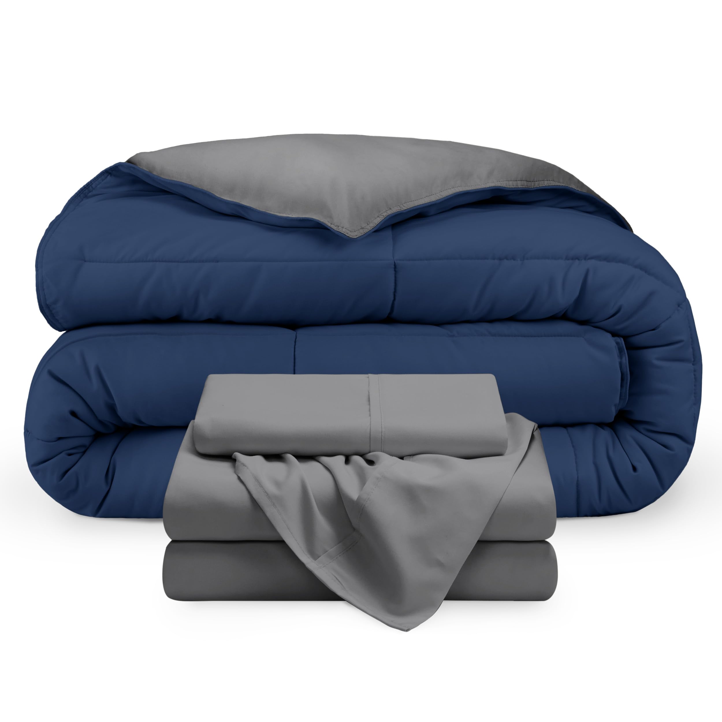 Bare Home Reversible Down Alternative Comforter & Sheet Set - Twin Size Bedding - Soft Dark Blue/Grey & Grey - Perfect for Guest Rooms, Dorms & Cozy Bedrooms