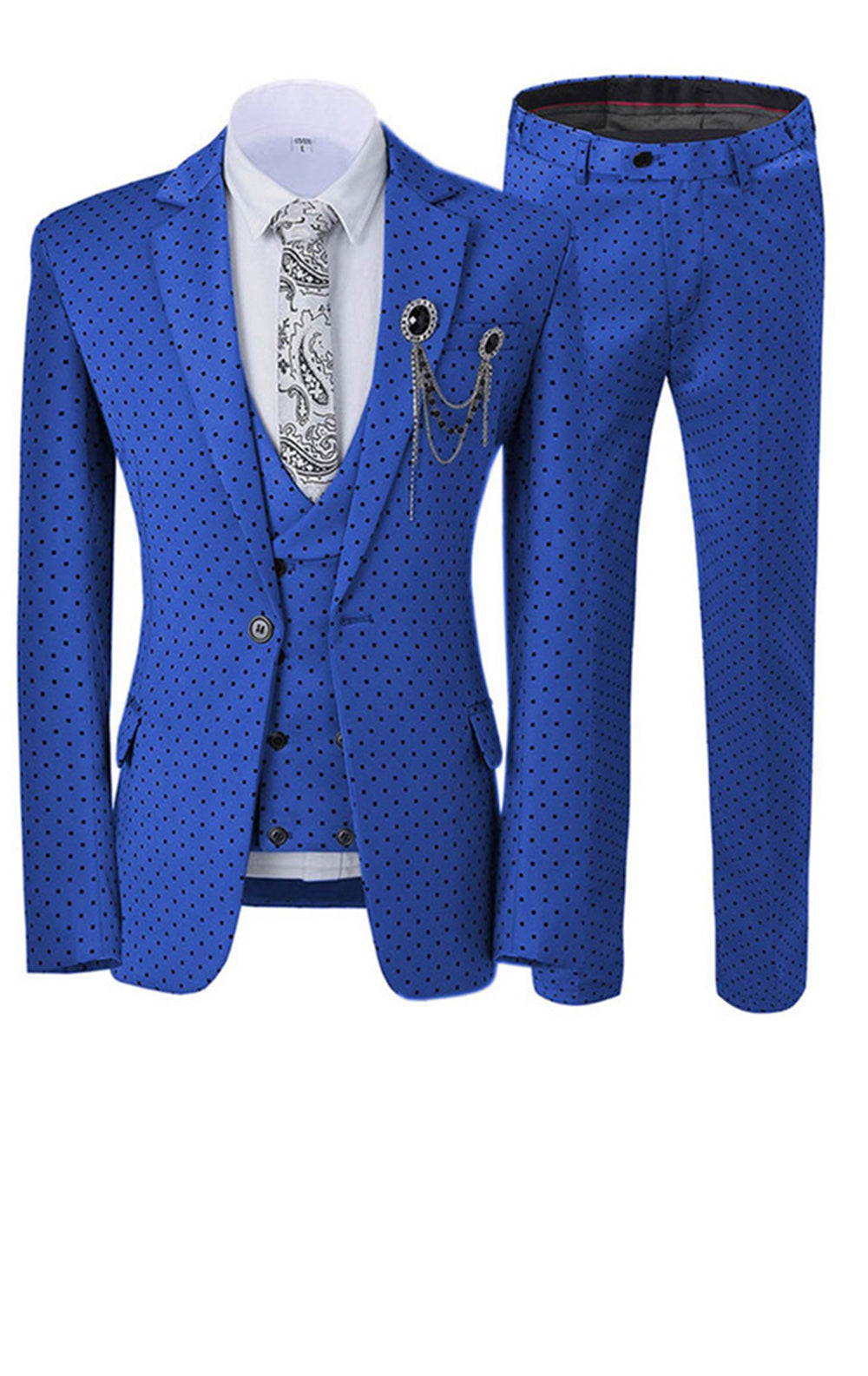2024 Italian Style Royal Blue Dot Print 3-Piece Suit Set (Jacket, Vest, Pants) for Men - Formal Business Attire & Wedding Occasions - CB10917