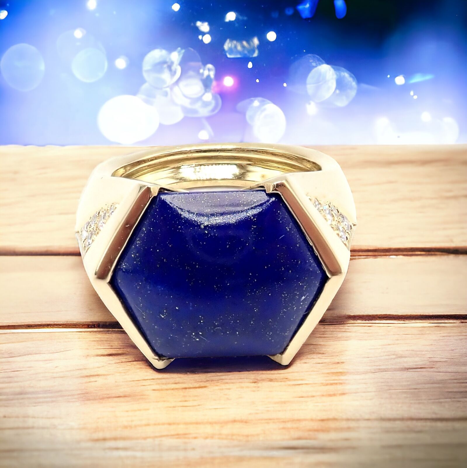 Authentic Julius Cohen 18k Yellow Gold Diamond & Lapis Lazuli Ring for Women - Luxury Statement Jewelry for Weddings, Parties & Special Occasions