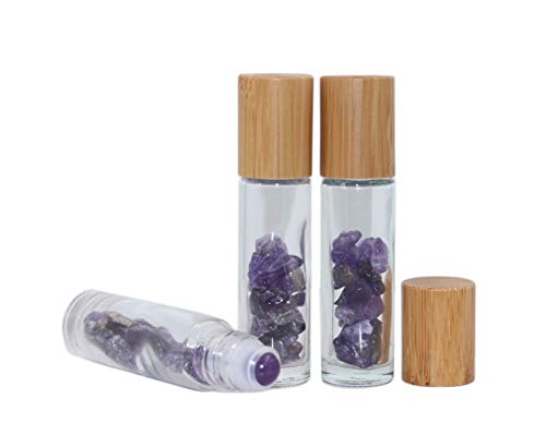 **10ml Essential Oil Roller Bottles with Bamboo Lids - 3 Pack Glass Roll-On Bottles for Aromatherapy, Perfume & DIY Blends - Includes Healing Amethyst Crystal Chips (Perfect for Relaxation, Stress Relief & Skincare)**