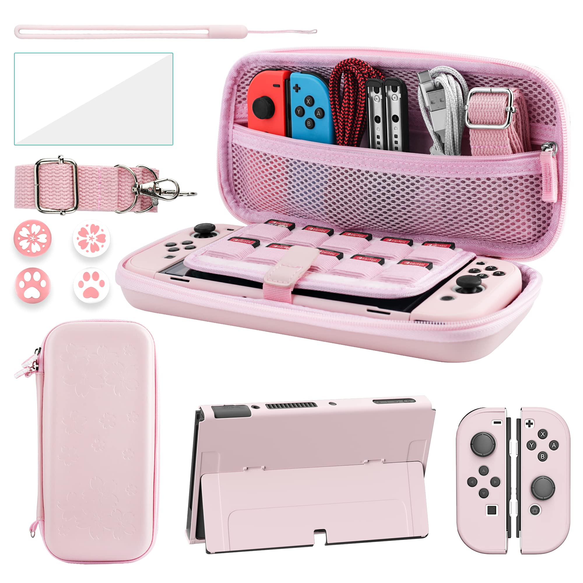 Premium Nintendo Switch OLED Accessories Bundle - Hard Shell Carrying Case with Screen Protector, 4 Thumb Grips & Shoulder Strap for Switch OLED & Joy-Con Controllers (Pink) - Perfect for Travel, Gaming On-The-Go & Console Protection