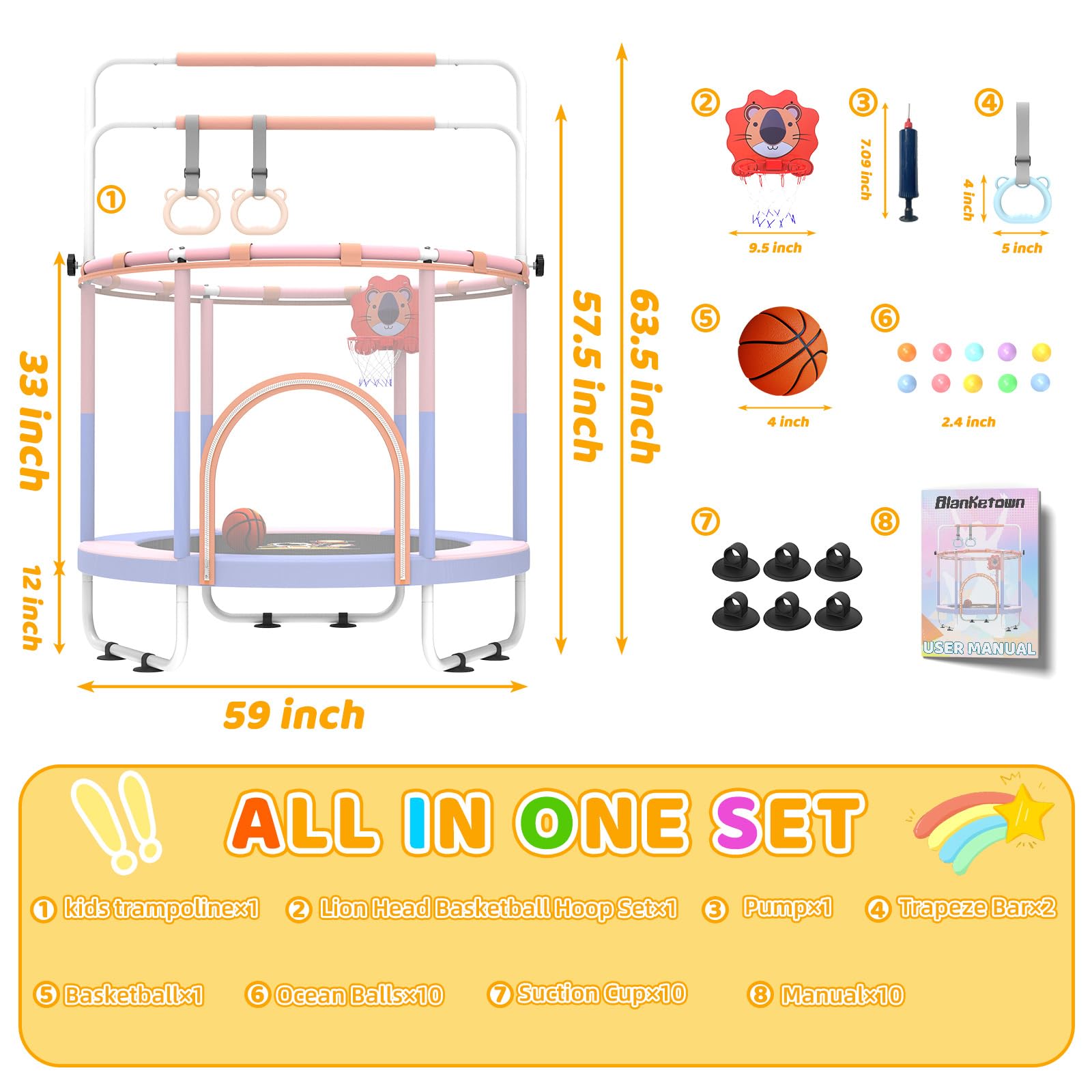 5FT Mini Trampoline for Kids Ages 3-6 | Indoor Toddler Trampoline with Safety Net & Adjustable Gym Bar | Perfect Birthday Gift for Boys & Girls | Great for Indoor Play, Exercise & Motor Skills Development