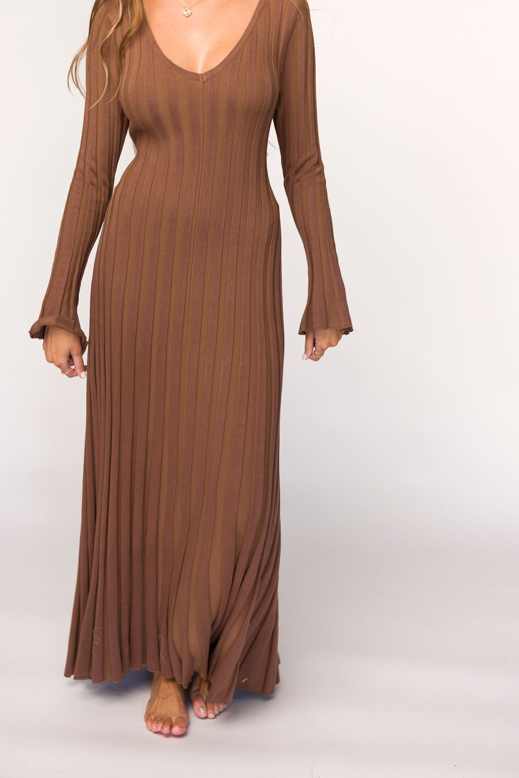 Hadley Long Sleeve V Neck Knit Maxi Dress in Cocoa - Women's Elegant Casual Maxi Dress for Fall & Winter | Perfect for Office, Date Night & Holiday Parties