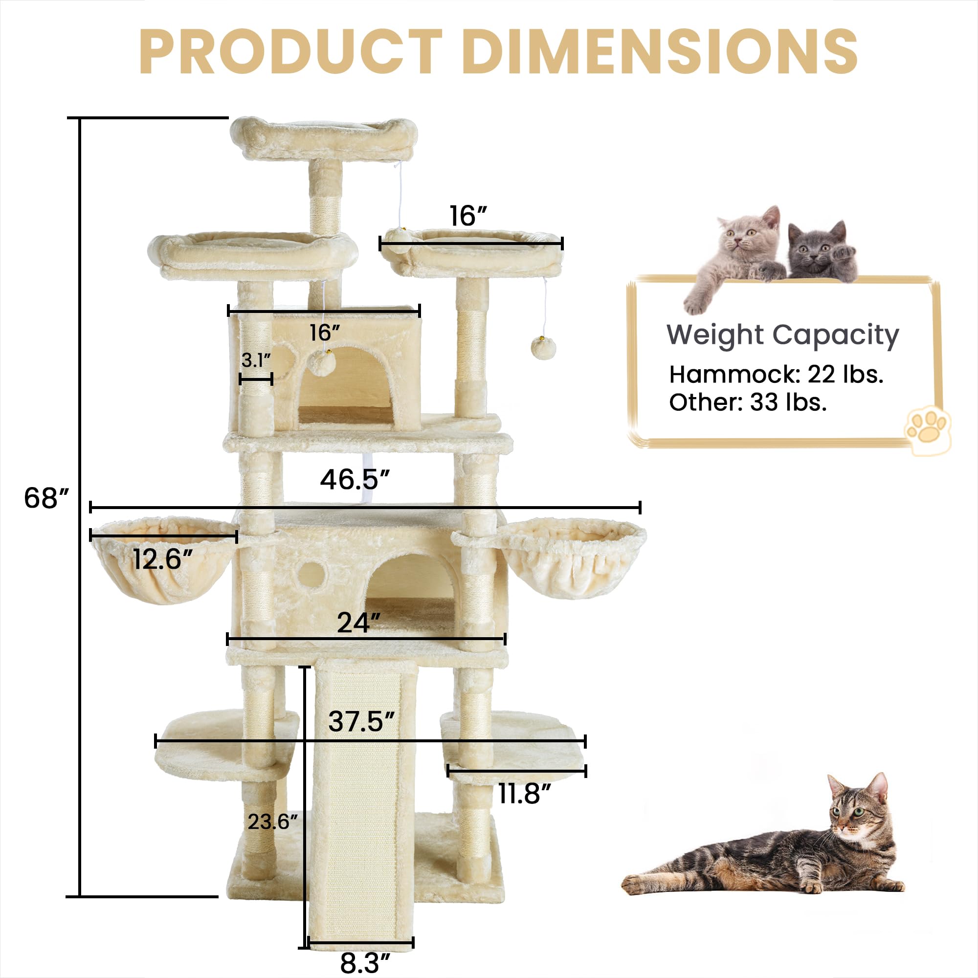 68-Inch Multi-Level Large Cat Tree for Big Cats - Sturdy Cat Tower with Condo, Plush Perches, Sisal Scratching Posts & Hammocks - Indoor Activity Center for Kitties (Beige) - Perfect for Play, Climbing & Relaxing in Living Rooms & Pet-Friendly Homes