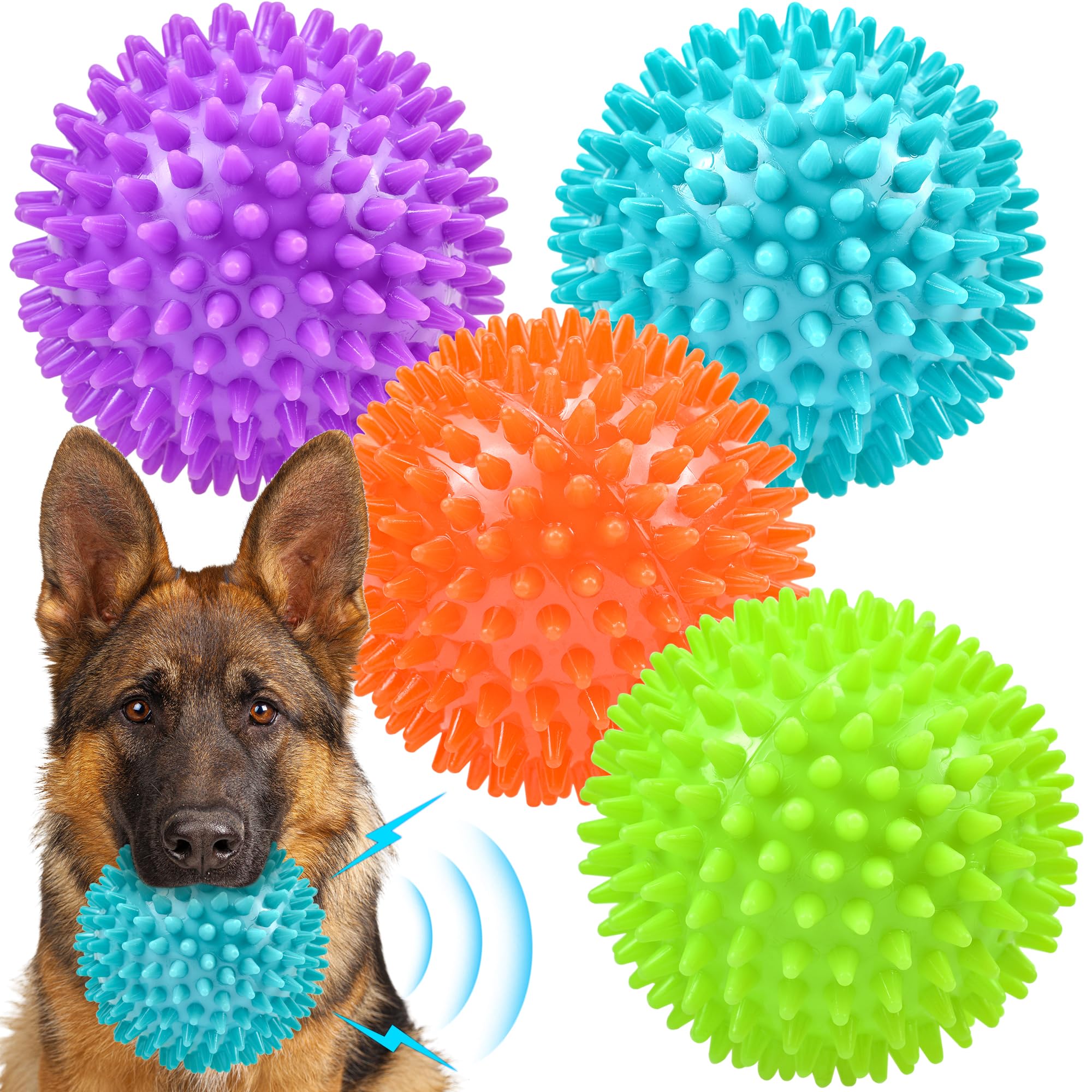 Ousiya 12cm Thickened Squeaky Dog Toy Balls - 4 Pack Durable Spikey Chew Toys for Aggressive Chewers, Medium & Large Dogs - Teeth Cleaning & Training Pet Supplies - Perfect for Outdoor Play, Fetch Games & Interactive Training Sessions