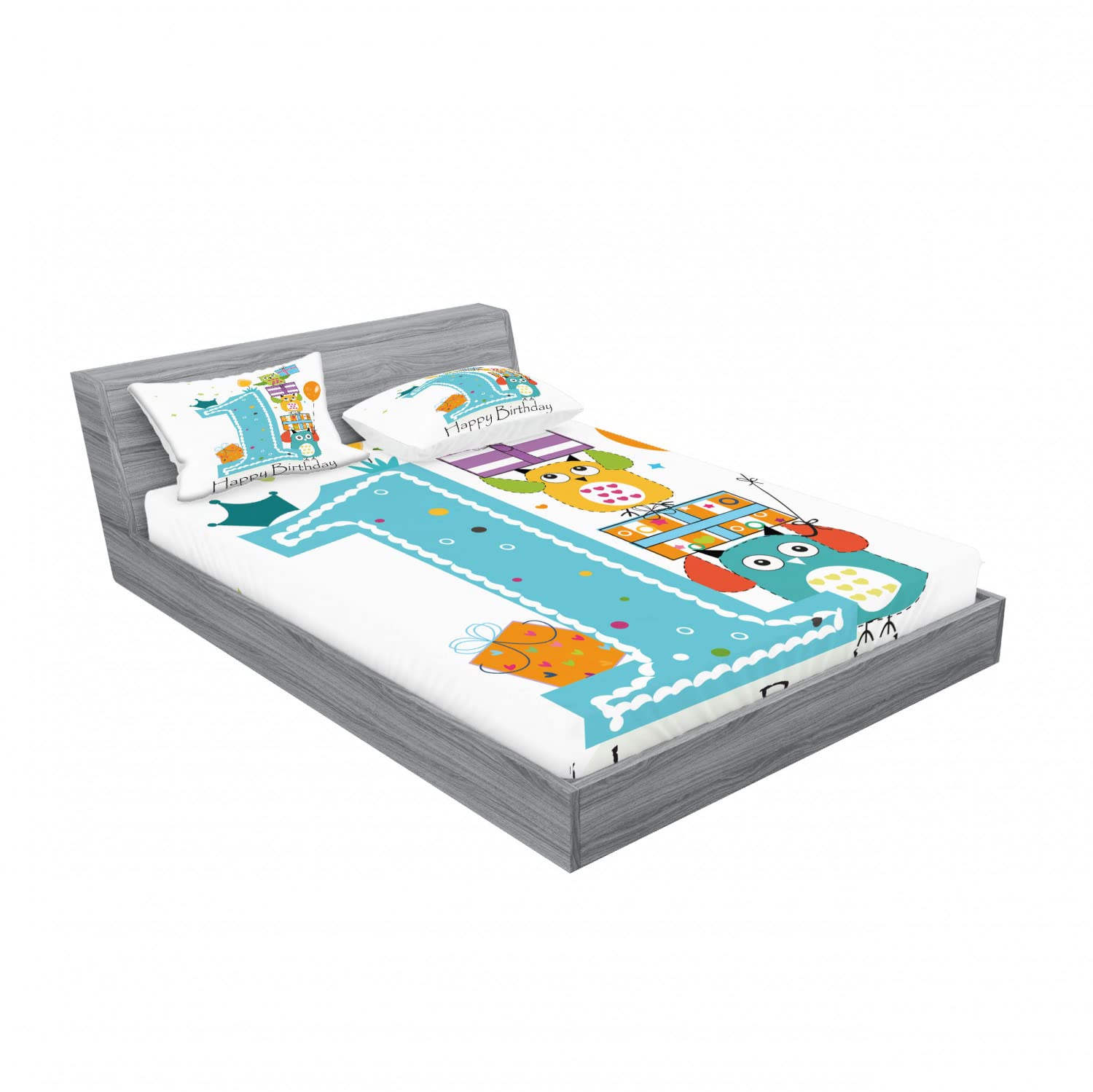 Ambesonne 2-Piece Queen Size Fitted Sheet Set with 4 Pillow Shams - Birthday Cake & Candle Owl Print Bedding Collection in Sky Blue & Orange - Perfect for Kids' Rooms, Birthday Decorations and Themed Bedroom Makeovers