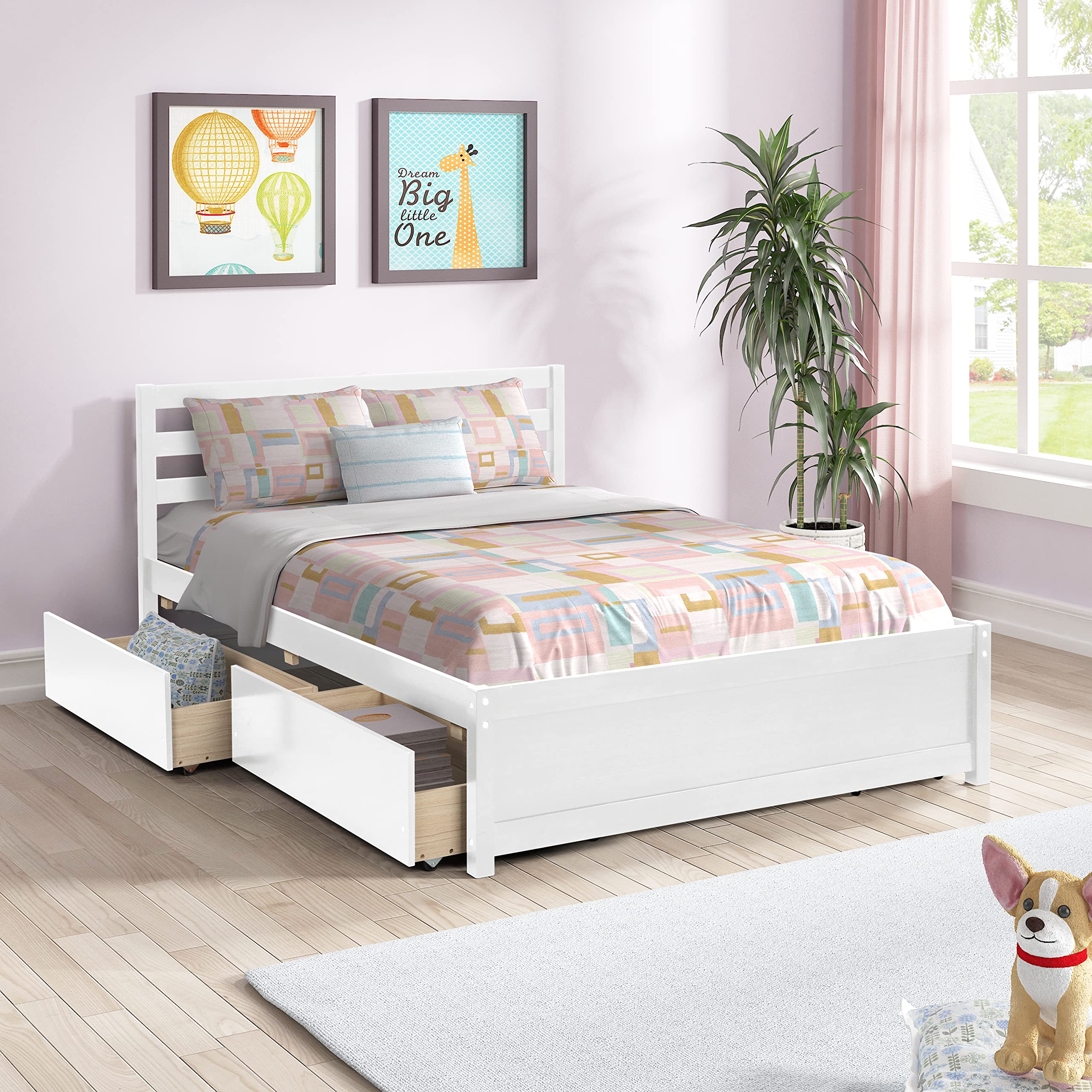LZ LEISURE ZONE Full Size Bed Frame with 4 Storage Drawers - Sturdy Wood Platform Bed with Slat Support - White - Perfect for Small Bedrooms, Guest Rooms & Dorm Rooms