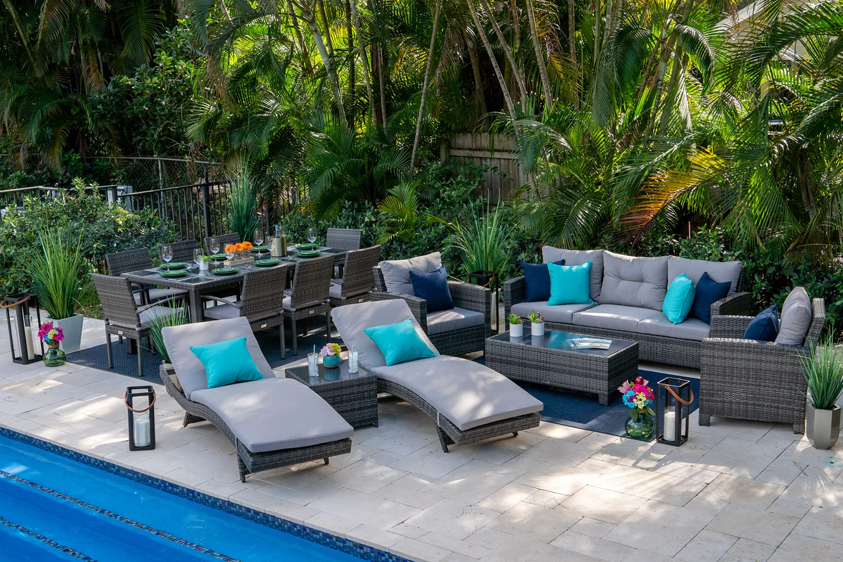Bari 16-Piece Outdoor Patio Furniture Set in Mixed Gray - Sofa, 8-Seat Dining Table & Chaise Lounge | Perfect for Backyard, Poolside & Garden Relaxation