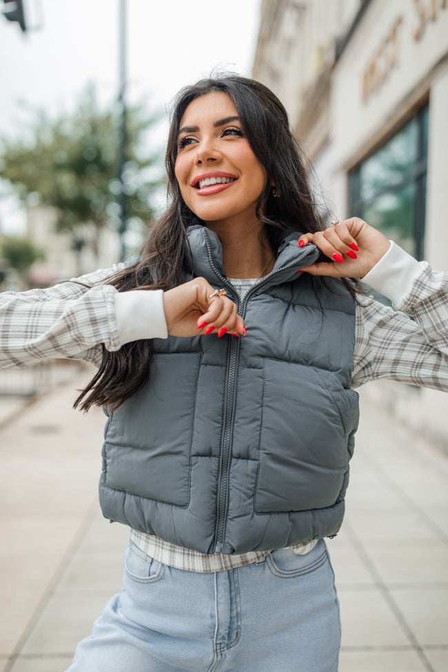 Women's Slate Cropped Puffer Vest - Lightweight Quilted Winter Jacket for Outdoor Activities, Travel & Casual Wear | FINAL SALE
