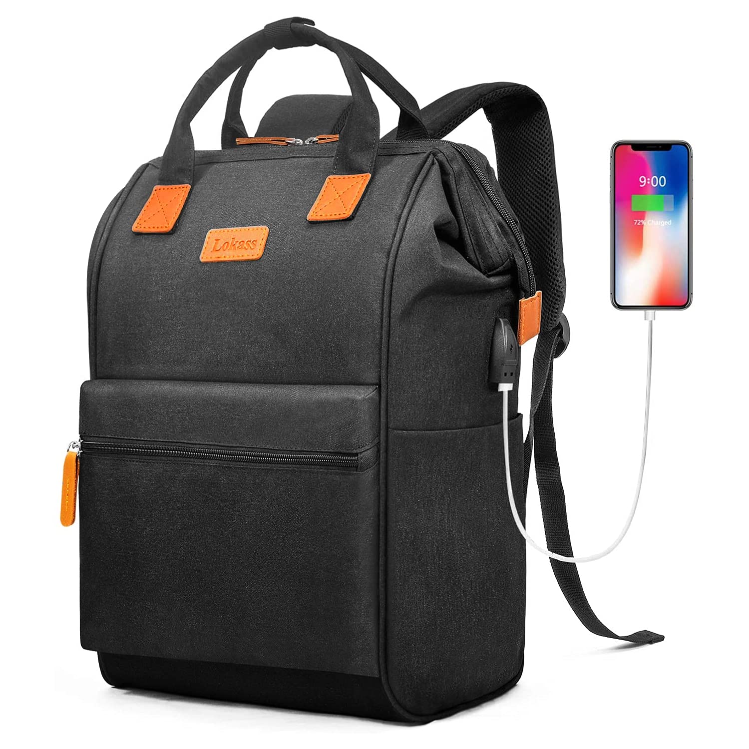 BRINCH 15.6 Inch Laptop Backpack - Water Resistant Wide Open Business Travel Bag with USB Charging Port, Multipurpose Casual Daypack for College, Work, and Daily Commute - Ideal for Women and Men, Black