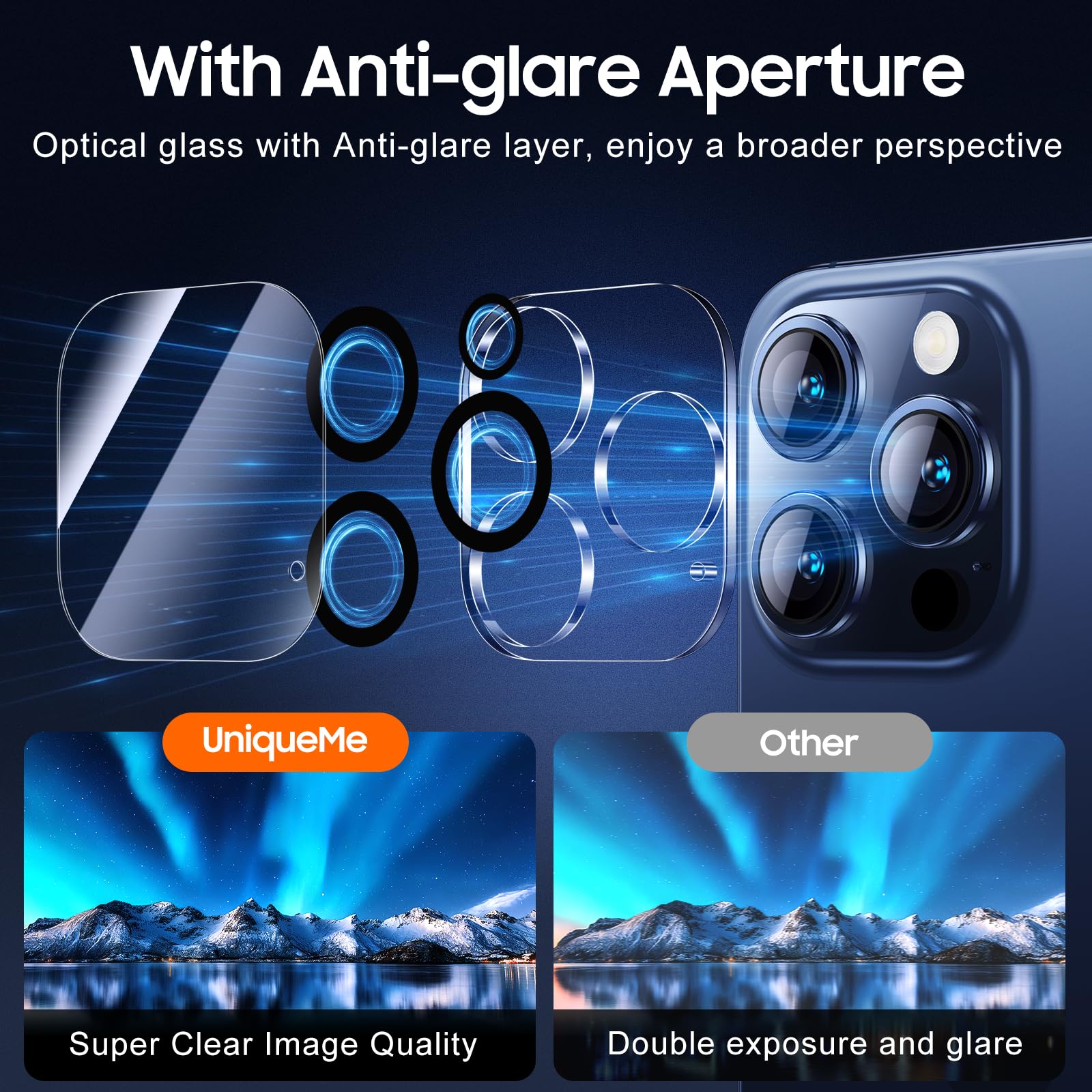 UniqueMe 3 Pack iPhone 15 Pro/Pro Max Camera Lens Protector - 9H Tempered Glass, Drop Protection, Case Friendly - Perfect for Outdoor Adventures & Daily Use
