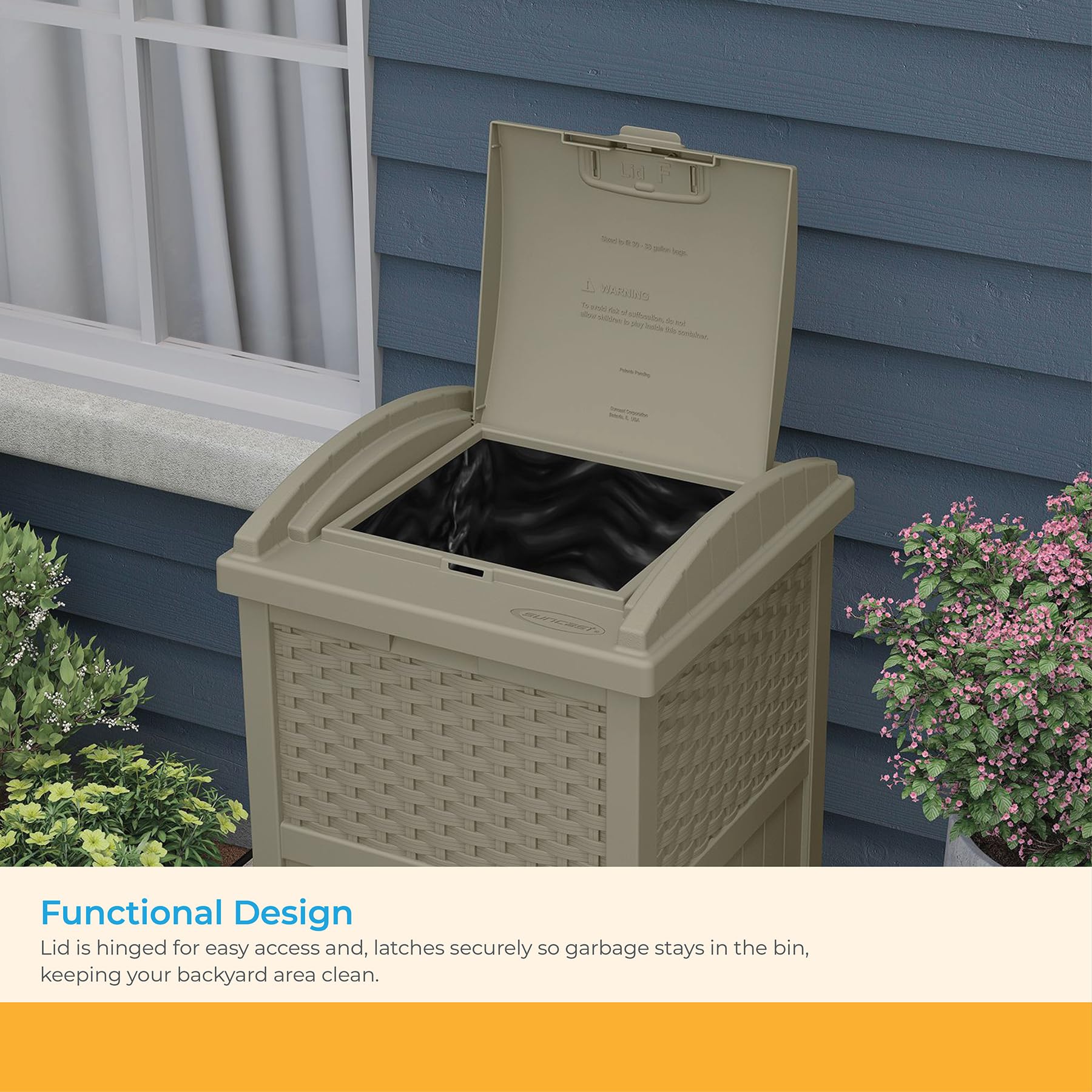 Suncast 33 Gallon Outdoor Trash Can with Lid - Durable Resin Hideaway Garbage Bin for Patio, Backyard & Deck - Weatherproof Dark Taupe Design - Perfect for BBQs, Poolside & Outdoor Entertaining