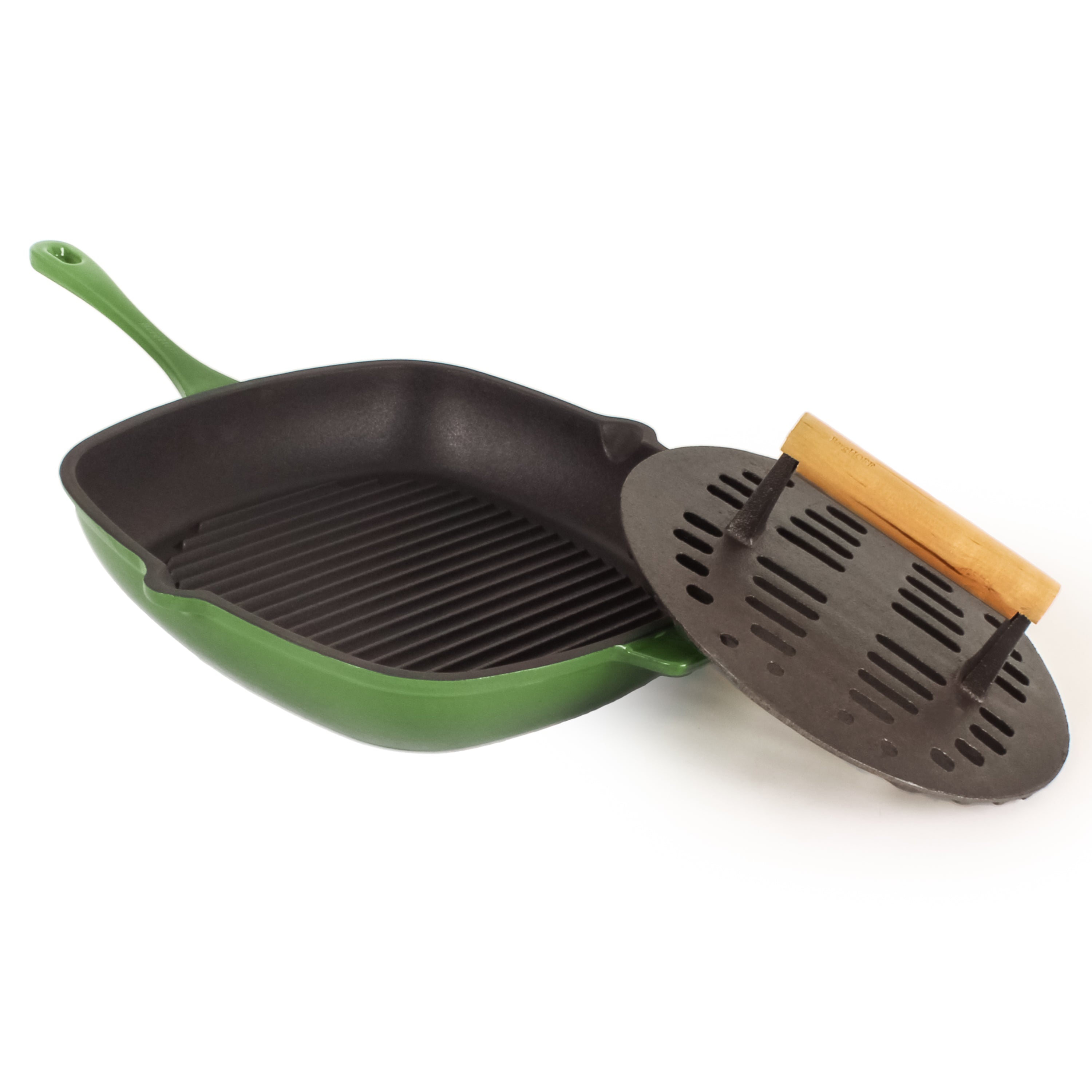 BergHOFF Neo 2-Piece Cast Iron Grill Pan Set with Slotted Steak Press - 11 Inch Nonstick Griddle Pan for Stovetop & Oven Use - Perfect for Grilling Steaks, Burgers & Vegetables - Emerald Green