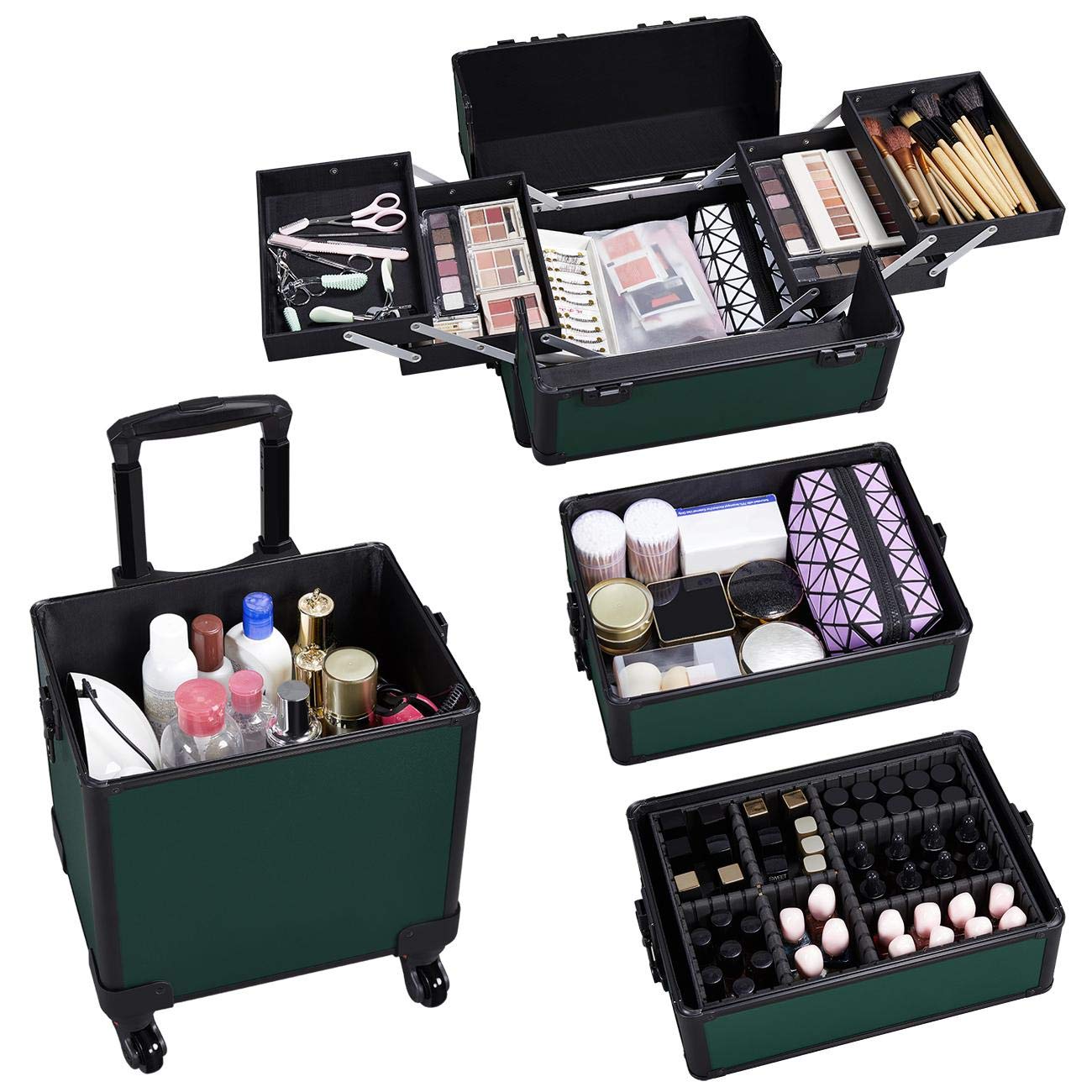 Topeakmart Large 4-in-1 Professional Rolling Makeup Train Case - Cosmetic Storage Organizer with Folding Trays, Wheels & Aluminum Frame (Dark Green) | Perfect for Travel, Salon Professionals & Makeup Artists