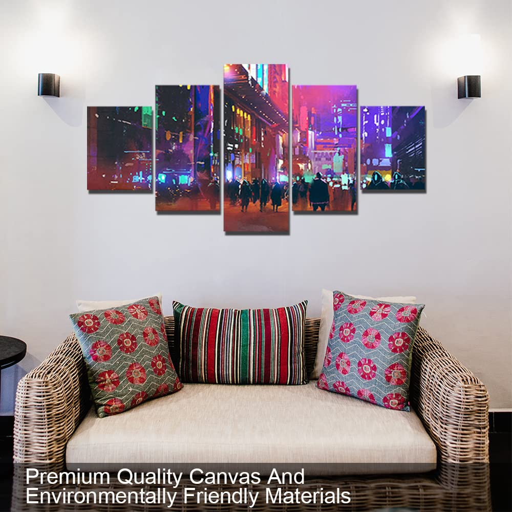 Cyberpunk City Wall Art - Neon Street Canvas Painting for Living Room & Bedroom Decor