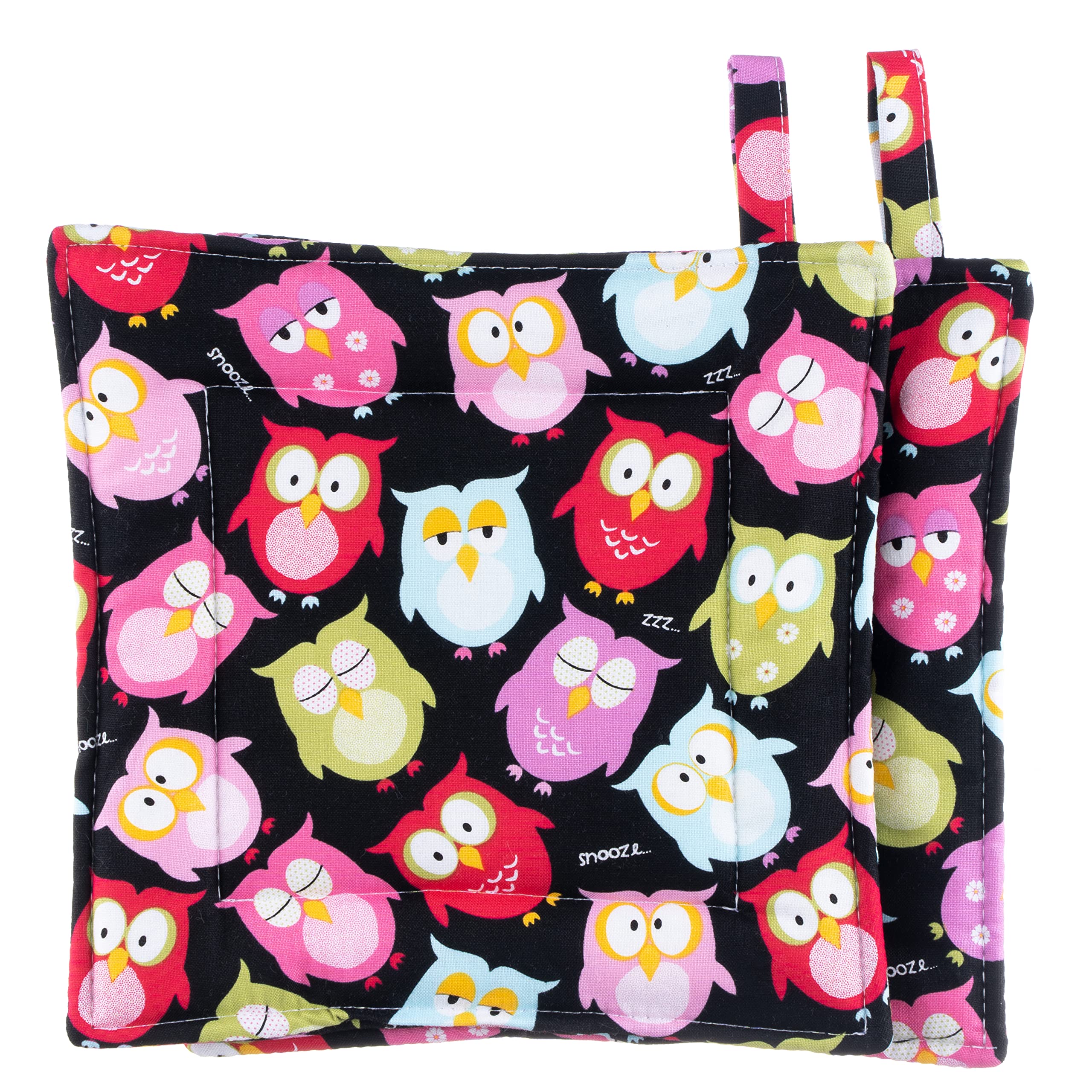 Bright Owls Pot Holder Set - 2 Quilted Heat Resistant Kitchen Potholders for Cooking, Baking & Decor | Cute Owl Design Oven Mitts for Women & Home | Perfect Housewarming & Holiday Gift Idea for Kitchen Lovers