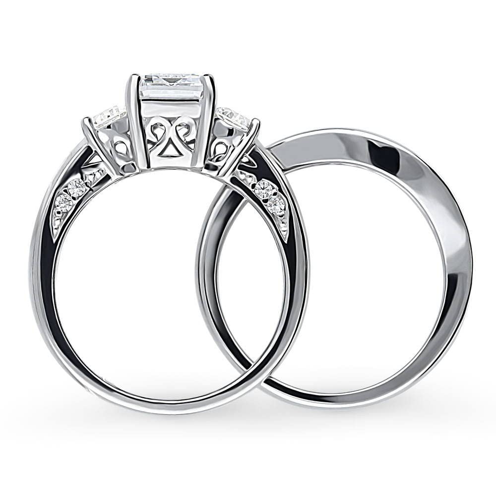 BERRICLE Sterling Silver 3-Stone Wedding Engagement Ring Set for Women - 2.1 Carat Emerald Cut Cubic Zirconia CZ, Rhodium Plated, Size 4-10 | Elegant Bridal Jewelry for Proposals, Anniversaries & Special Occasions