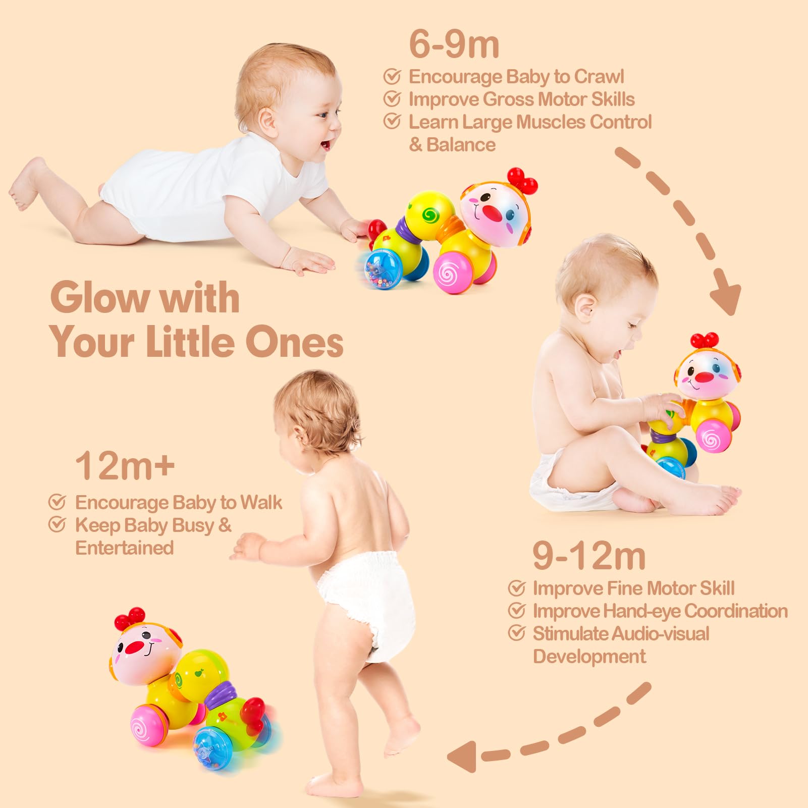 CubicFun Musical Light-Up Crawling Baby Toy - Interactive Press & Go Infant Toy for 6-12 Months Boys & Girls - Perfect for Tummy Time, First Birthday Gifts & Easter Presents