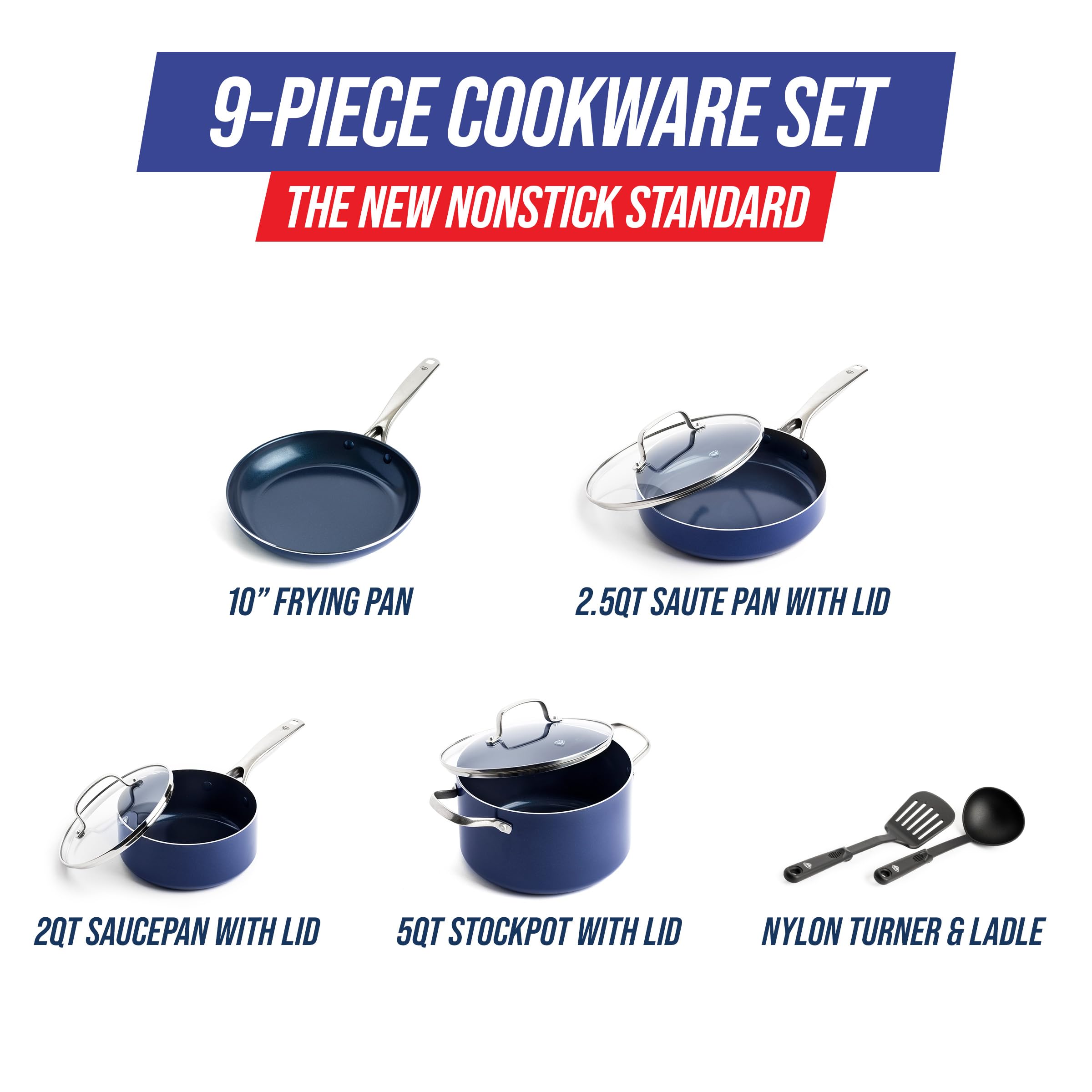Blue Diamond 9-Piece Cookware Set - PFAS & PFOA-Free Ceramic Nonstick Pots and Pans with Diamond Infusion | Durable, Scratch-Resistant & Metal Utensil Safe | Dishwasher & Oven Safe (Blue) | Perfect for Everyday Cooking, Baking & Family Meals