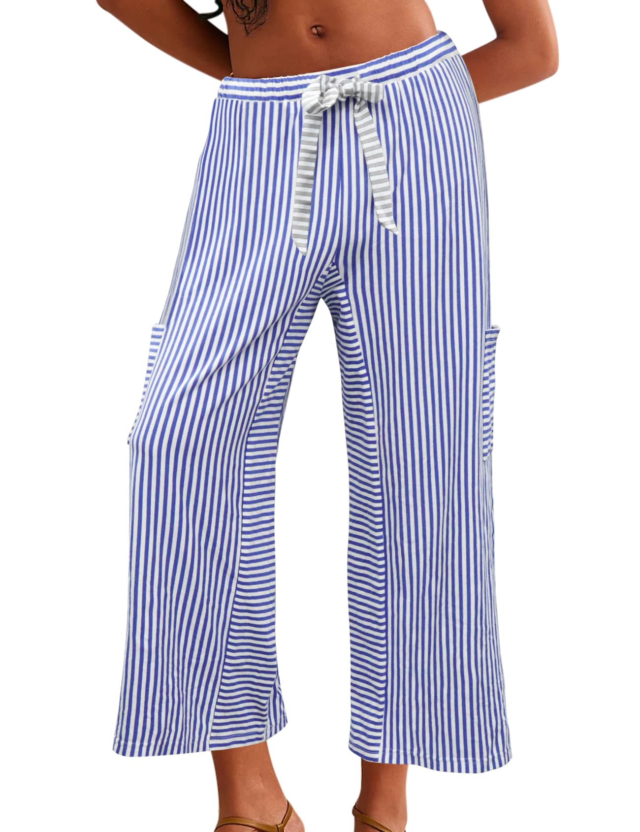 Women's Striped Wide Leg Lounge Pants - Mid Waist Drawstring Beach Capri Trousers with Pockets | Comfortable Casual Wear for Home, Yoga & Vacation