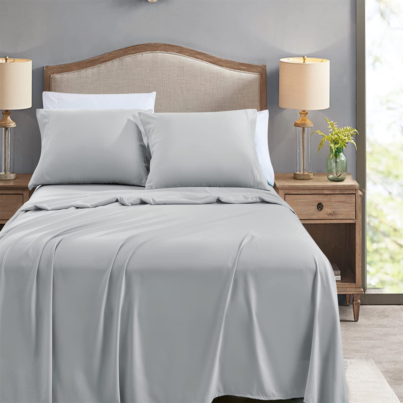 FreshCulture King Size Flat Sheet Set - 6 Pack Soft Microfiber Bed Sheets for Home, Hotel & Salon Use - Breathable Wrinkle-Resistant Bulk Bedding - Light Grey - Perfect for Guest Rooms & Spas