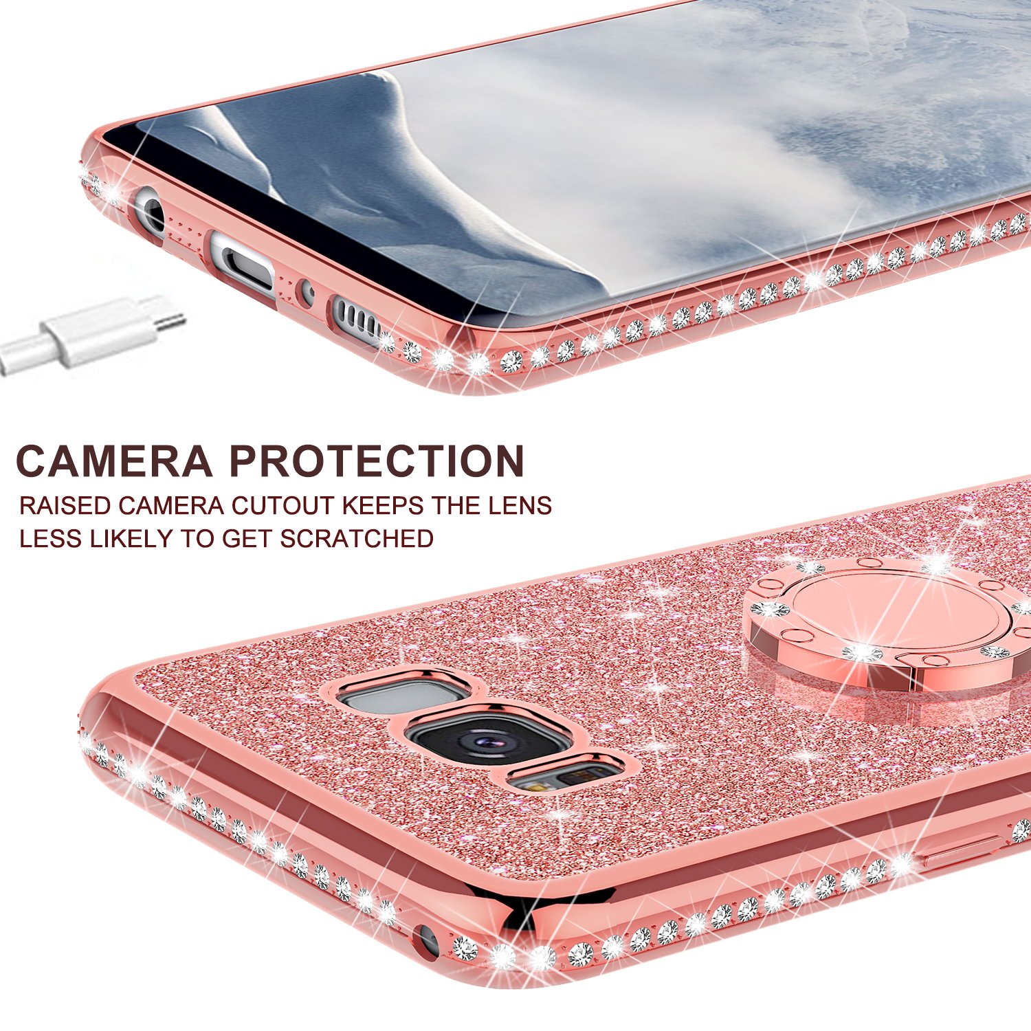 Sparkly Rhinestone Bling Phone Case with Kickstand & Ring Holder - Compatible with Samsung Galaxy S8 | Stylish Diamond Glitter Protective Cover for Women & Girls (Rose Gold) | Perfect for Parties, Dates & Everyday Glam
