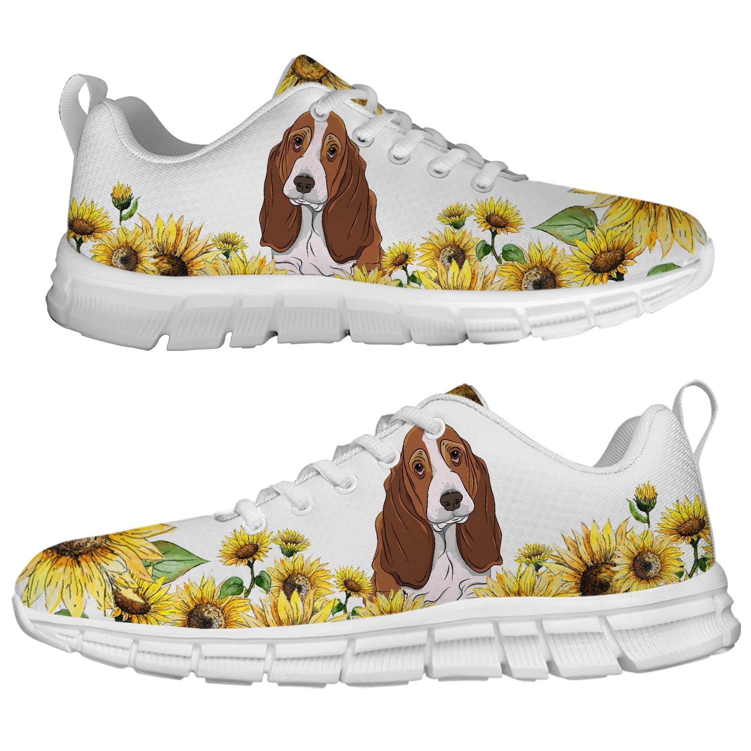 Women's White Sunflower Basset Hound Dog Print Sneakers - Breathable Mesh Running Shoes for Women & Girls (Men's Size 11, Women's Size 13) - Perfect Gift for Bestie, Casual Wear & Outdoor Activities