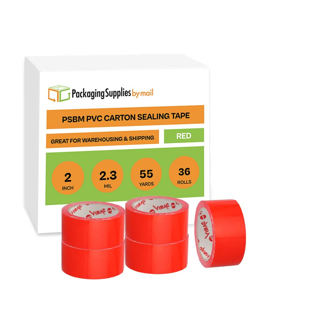 PSBM 2 Inch x 55 Yards PVC Packing Tape - 36 Pack Red Shipping Tape for Dispenser Refill | Ideal for Moving, Storage & Package Sealing | Durable Adhesive for Home, Office & Warehouse Use