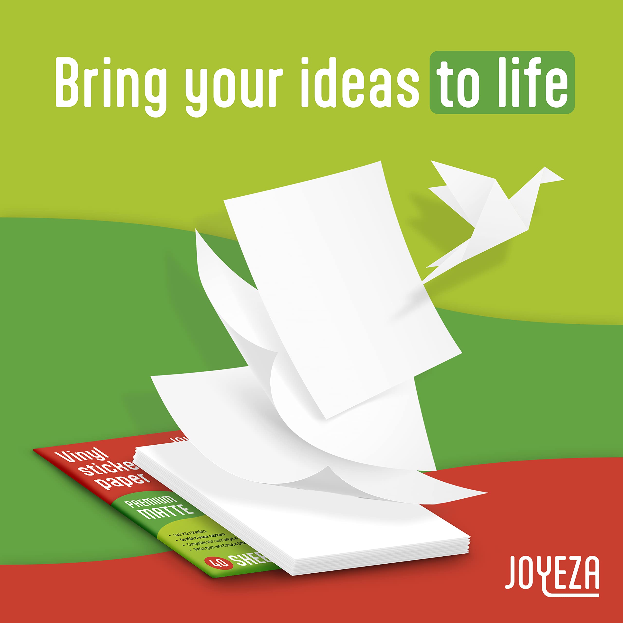 JOYEZA Premium Printable Vinyl Sticker Paper for Inkjet & Laser Printers - 40 Sheets Matte White Waterproof Sticker Paper, Quick-Drying with Vivid Colors & Excellent Ink Retention - Tear-Resistant for DIY Crafts, Labels, Decals & Scrapbooking
