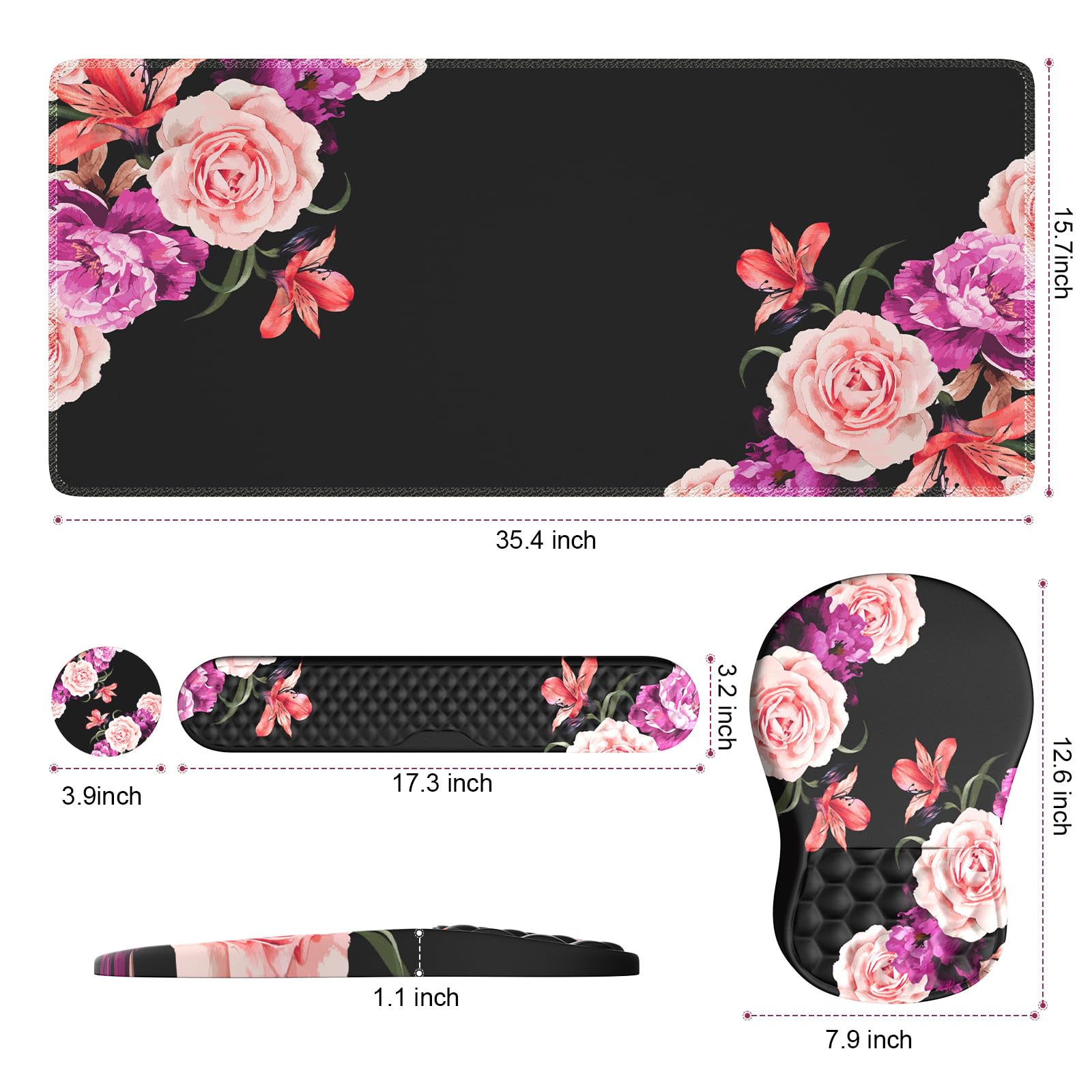 iLeadon 4-in-1 Ergonomic Mouse Pad Set with Memory Foam - Desk Mat, Wrist Rest Mouse Pad, Keyboard Wrist Rest & Coaster - Peony Flower Design for Home Office & Gaming Comfort (Great for Typing, Computer Work & Wrist Pain Relief)