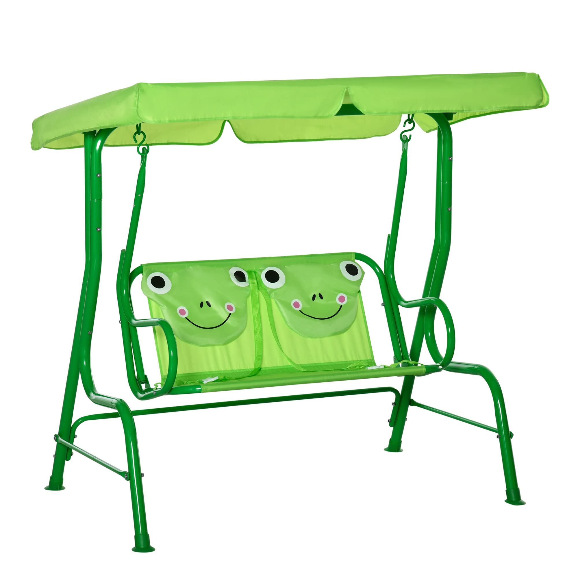 Outsunny Adjustable Canopy Kids Porch Swing with Safety Seatbelts - Green Frog Design for Ages 3-6 | Outdoor Play, Backyard Relaxation & Garden Decor Gift for Toddlers