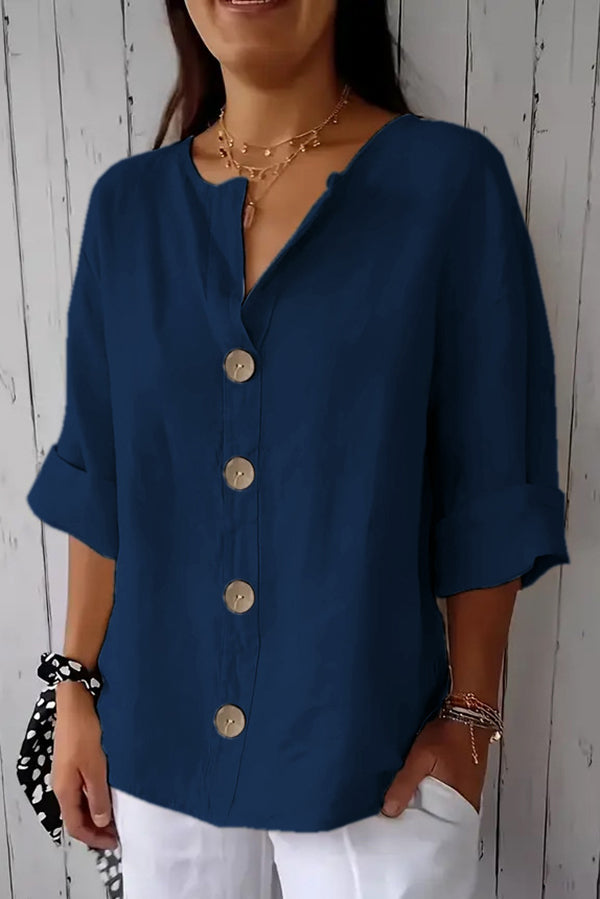 Stylish Solid Color V-Neck Loose Button Down Top for Women - Casual & Office Wear