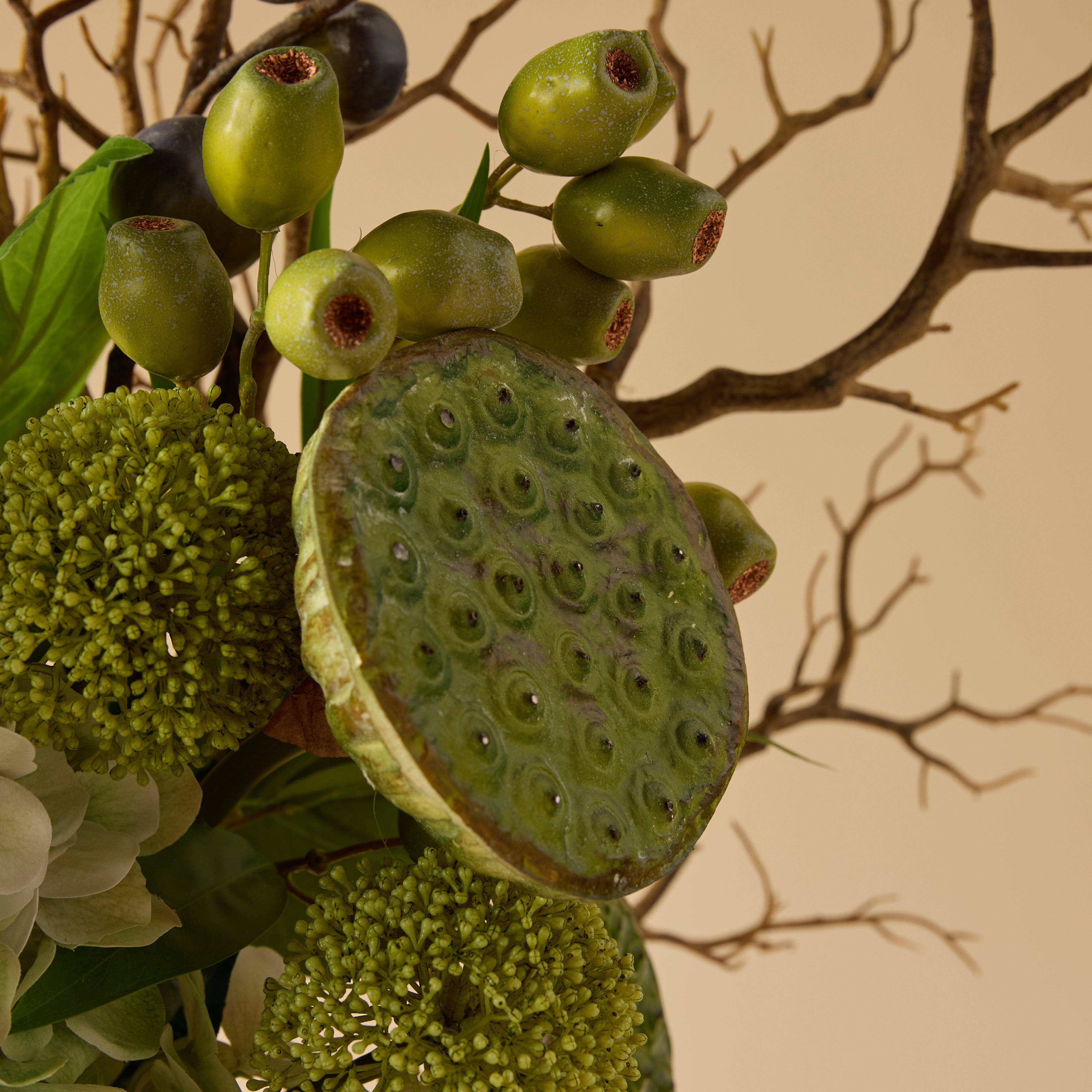 Artificial Hydrangea Lotus Pod Fig Mix Floral Arrangement in Maliah Pot - 24 Inches Tall, Green - Perfect for Home Decor, Wedding Centerpieces, and Office Greenery