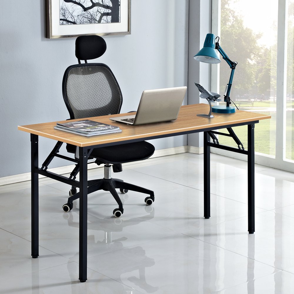 SogesFurniture 47 Inch Folding Computer Desk - BIFMA Certified Office Workstation with Teak Top & Black Legs, No Assembly Required | Perfect for Home Office, Gaming Setup & Small Spaces