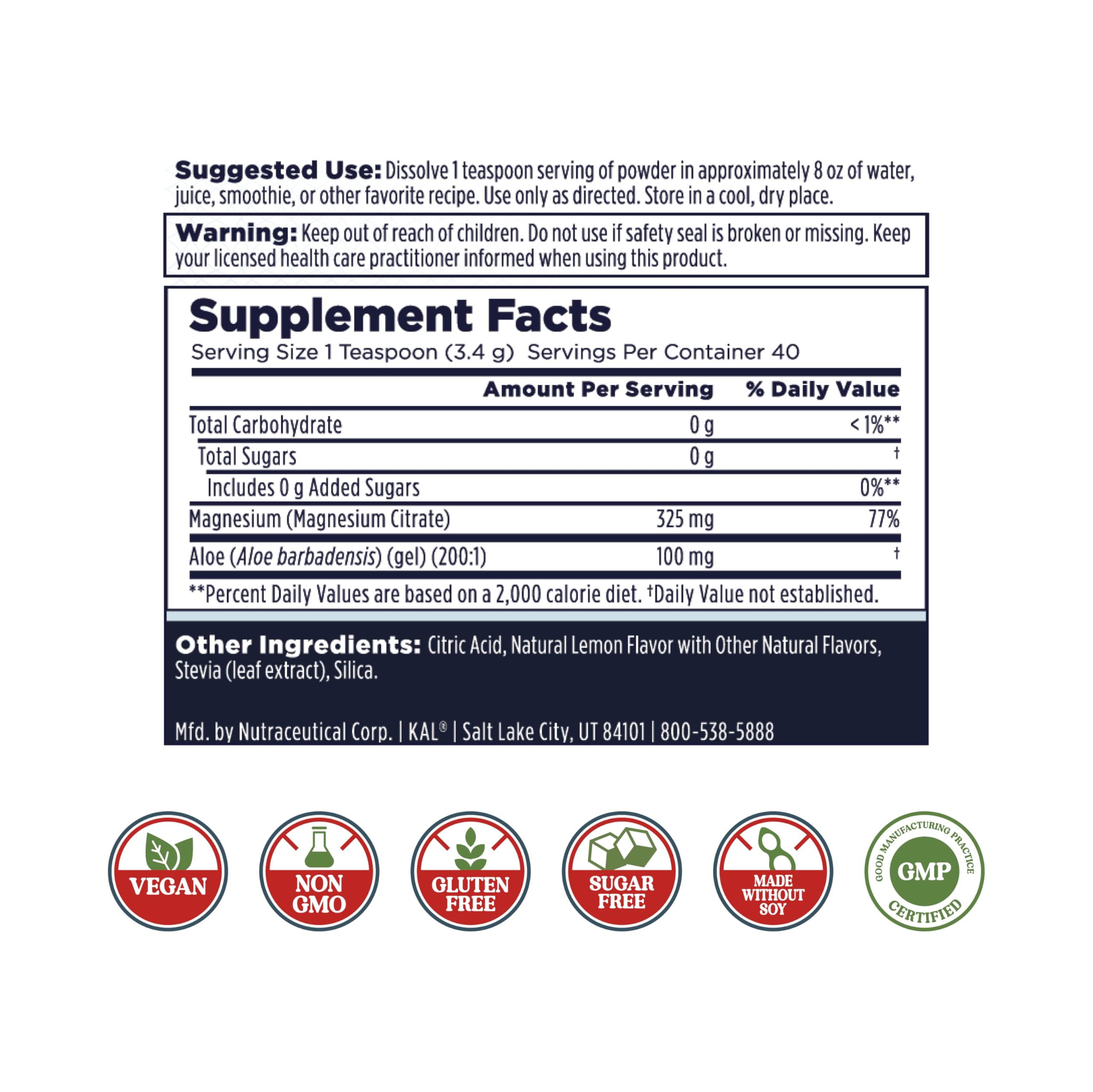 KAL Gut Magnesium Plus Aloe Vera Powder - Lemon Flavored Magnesium Citrate Supplement with Aloe Vera Gel for Digestion & Relaxation Support - Sugar-Free Drink Mix - 40 Servings (4.8oz) - 60-Day Guarantee | Perfect for Post-Workout Recovery & Stress Relief