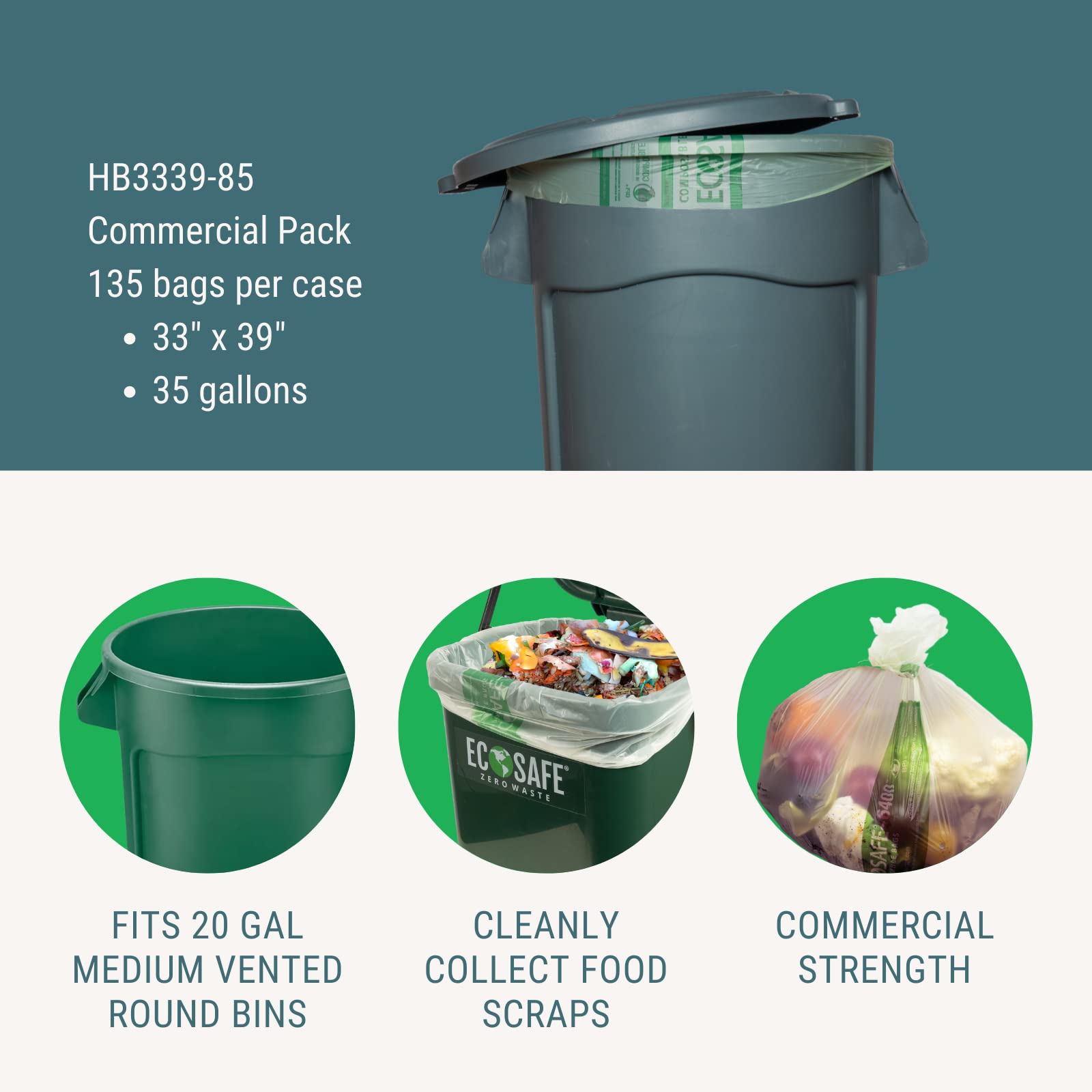 EcoSafe-6400 HB3339-85 Certified Compostable Bags 33x39 Inch - 135 Pack Heavy Duty Leak Proof & Tear Resistant Trash Liners for 35 Gallon Bin - Perfect for Kitchen Food Waste, Yard Composting & Eco-Friendly Disposal