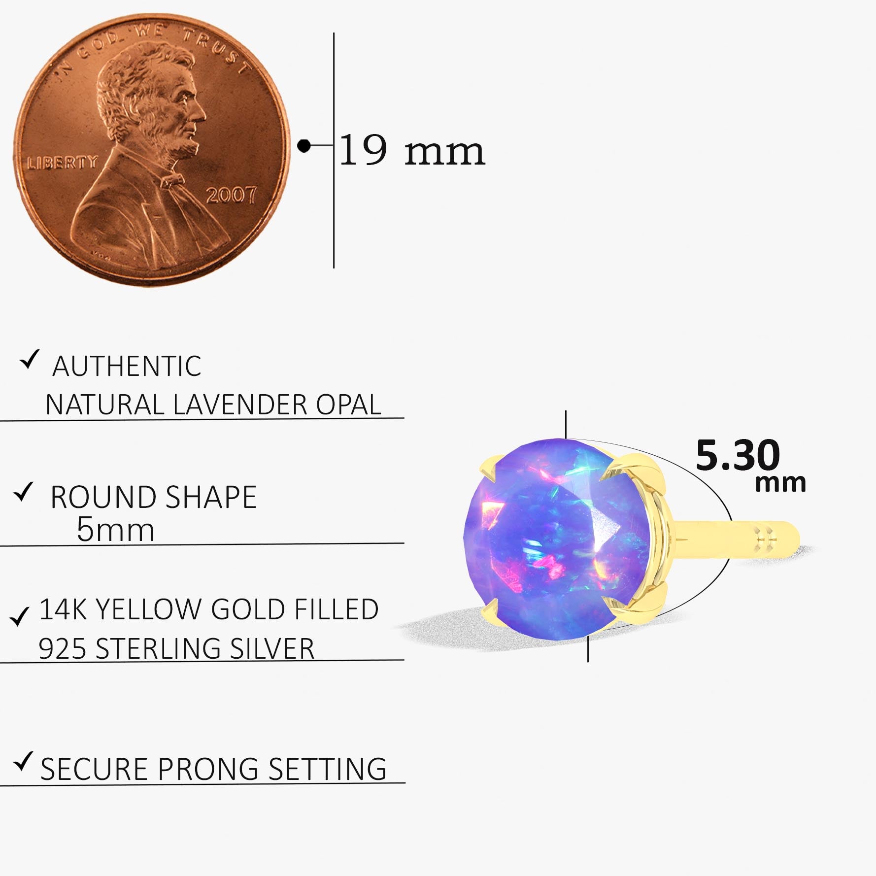 Lavender Opal Stud Earrings for Women - Round Gemstone Simple Earrings for Everyday Wear & Gift Giving