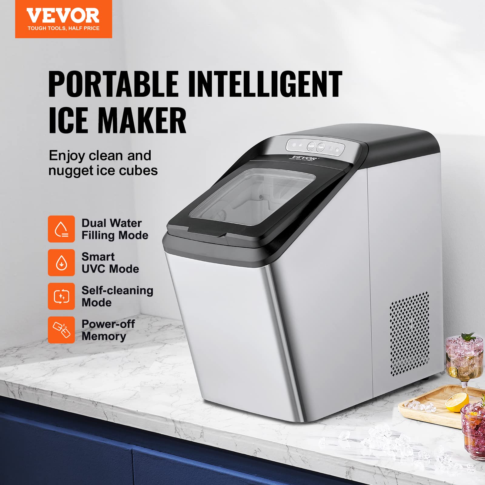 VEVOR 30lbs/24H Nugget Ice Maker with Self-Cleaning - Stainless Steel Chewable Pebble Ice Machine with Ice Scoop & Basket, Dual Water Refill - Perfect for Home, Office, Bars, Restaurants, and Parties