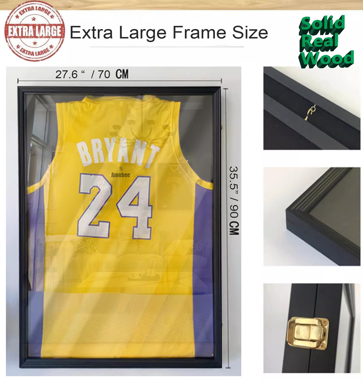 Amebee Extra Large Lockable Jersey Display Frame - UV Protected Shadow Box with Hanger for Baseball, Basketball, Football, Hockey Jerseys & Memorabilia (Black) - Perfect for Sports Fan Cave, Man Cave, and Trophy Room Decor