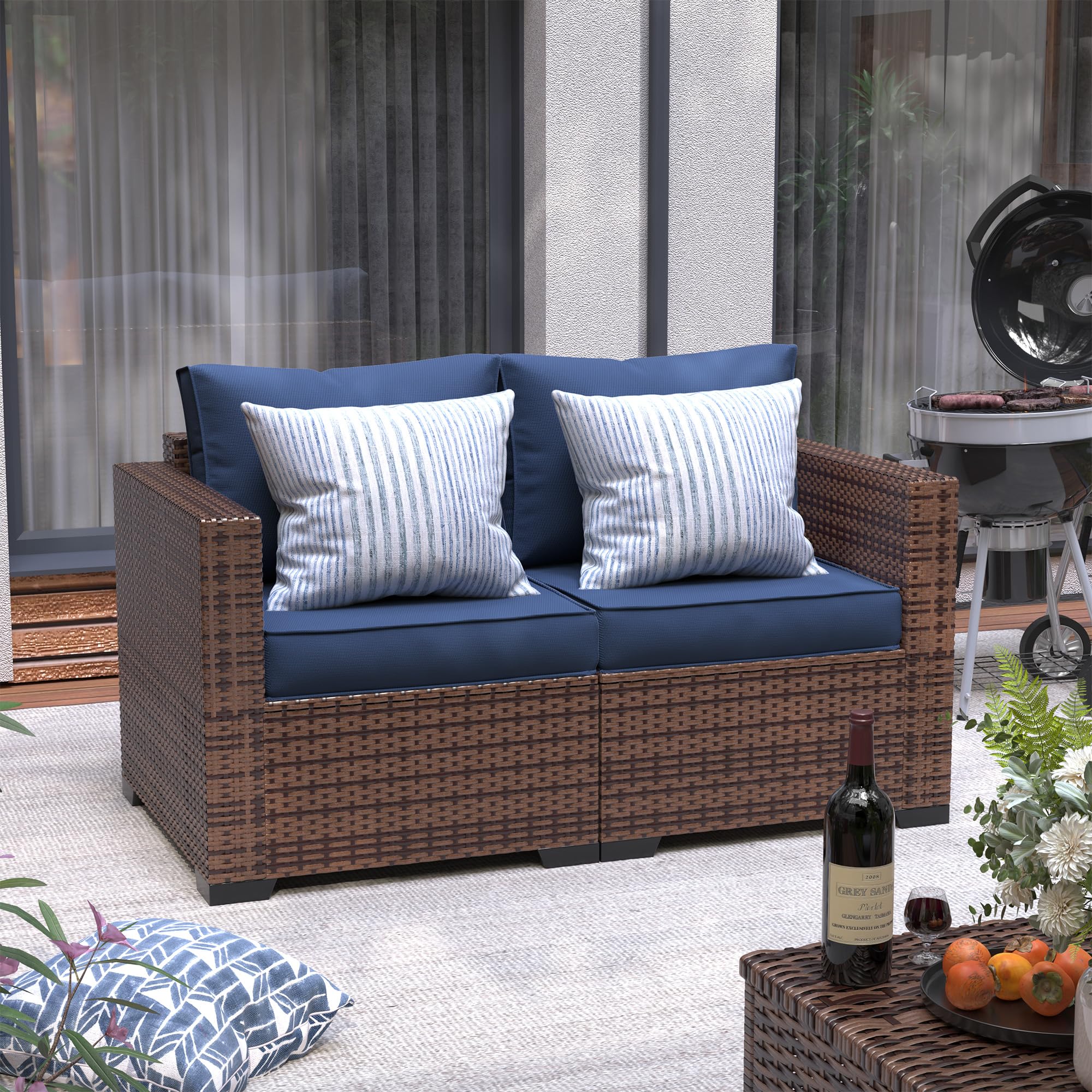 **UDPATIO Outdoor Wicker Love Seat Sofa Set - Navy Blue Rattan Sectional Couch with Steel Frame, Non-Slip Cushions & Deep Seating High Back - Perfect for Patio, Garden, Poolside & Backyard Relaxation**
