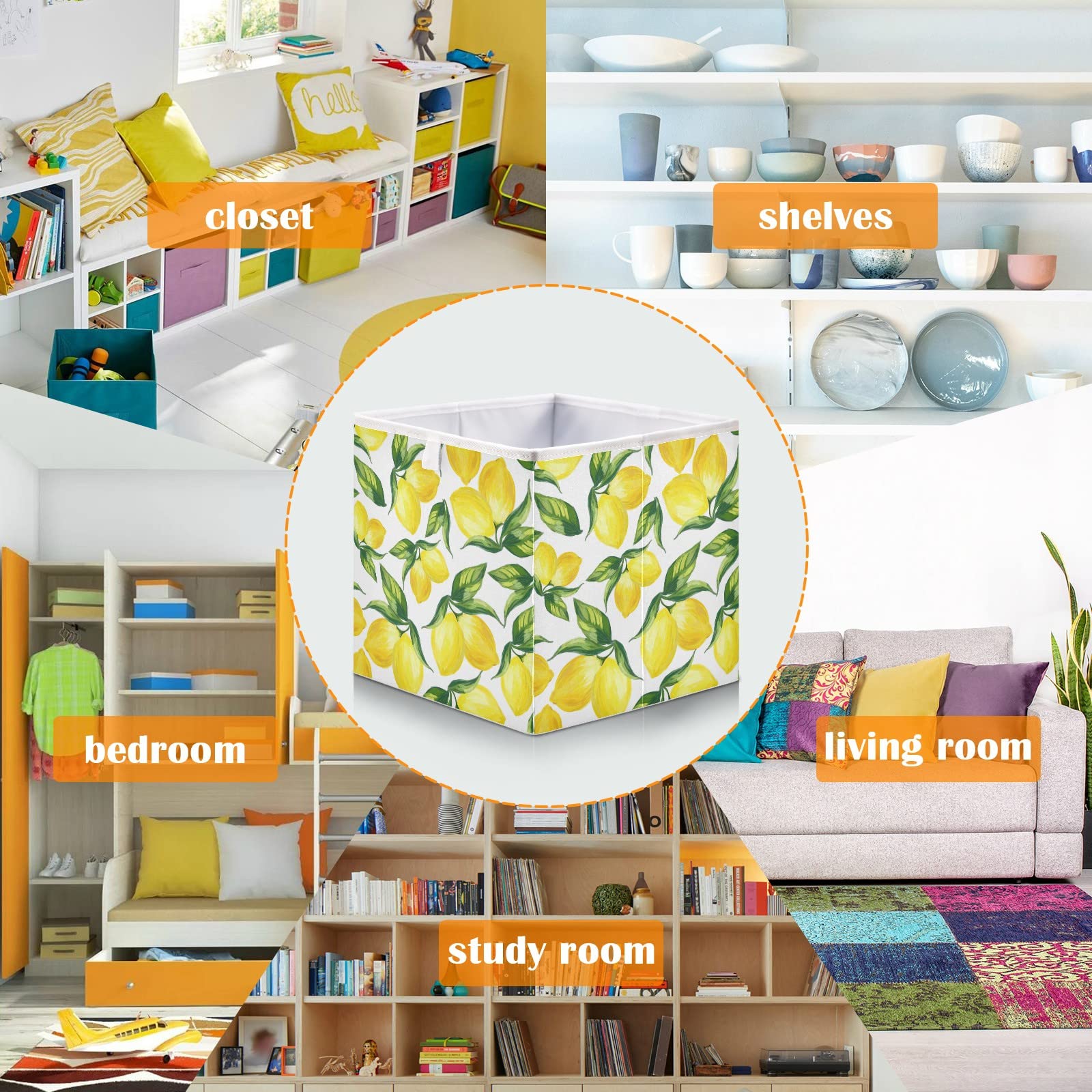 Ollabaky Yellow Lemons Collapsible Storage Bins - Waterproof Fabric Storage Cubes & Toy Organizer for Nursery, Playroom, Closet | Perfect for Kids' Room Organization & Home Storage Solutions
