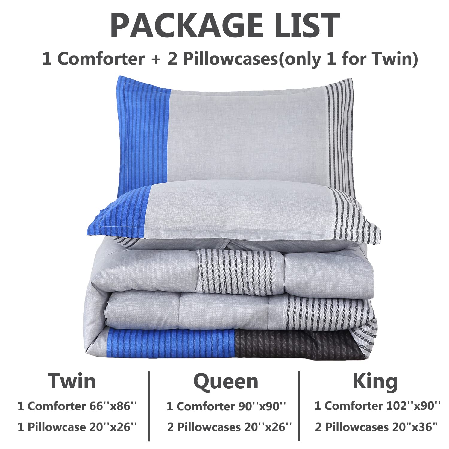 PERFEMET Blue Striped Comforter Set Queen Size - 3 Piece Blue & Grey Patchwork Bedding Set | Soft Lightweight Down Alternative Quilt for Teens, Boys, Girls, Men & Women | Perfect for Dorm Rooms, Guest Bedrooms & Cozy Nights (Blue, Queen)