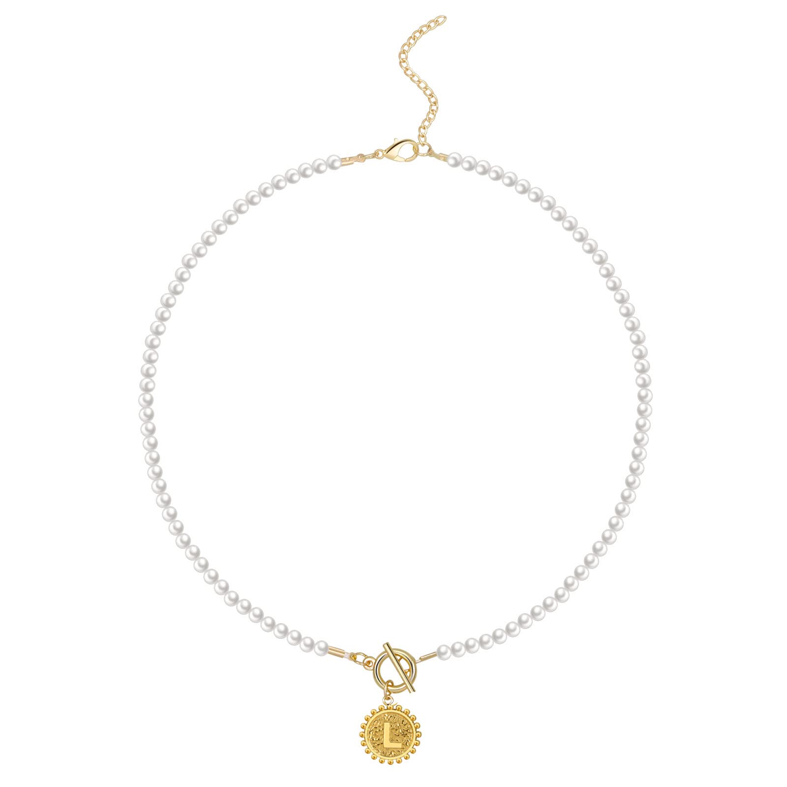 LITEVOG 14K Gold Plated Initial Pearl Choker Necklace for Women - Handmade 4MM Simulated Shell Pearl with Dainty Toggle Clasp & Initial Coin Pendant | Elegant Jewelry Gift for Anniversary, Birthday & Special Occasions