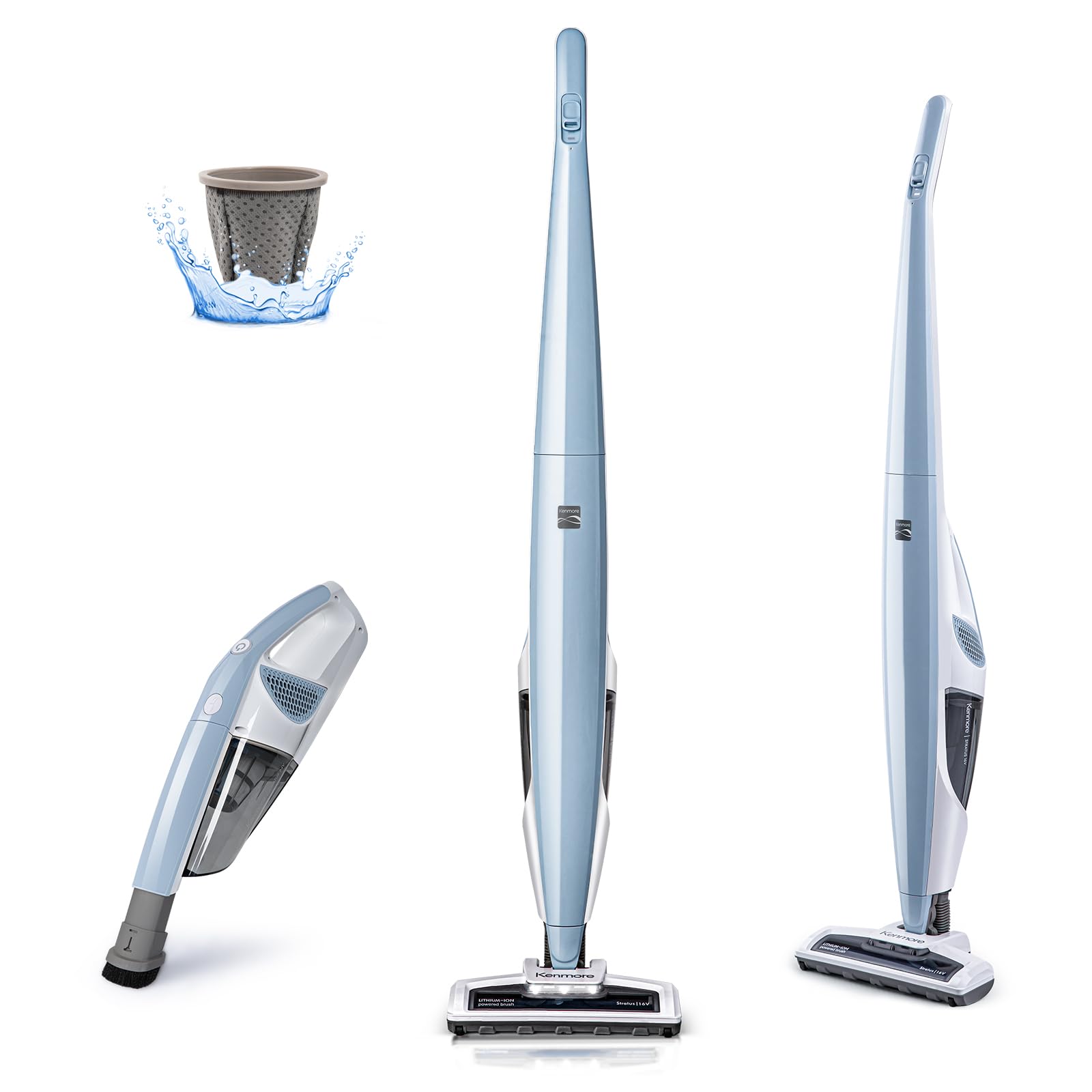 Kenmore DS1020 16V Cordless Stick Vacuum - Lightweight 2-in-1 Handheld Vacuum with LED Headlight | 2-Speed Power Control for Hardwood Floors, Carpets & Pet Hair | 16 Volt Gray-Blue | Perfect for Quick Cleanups, Stairs & Pet Owners
